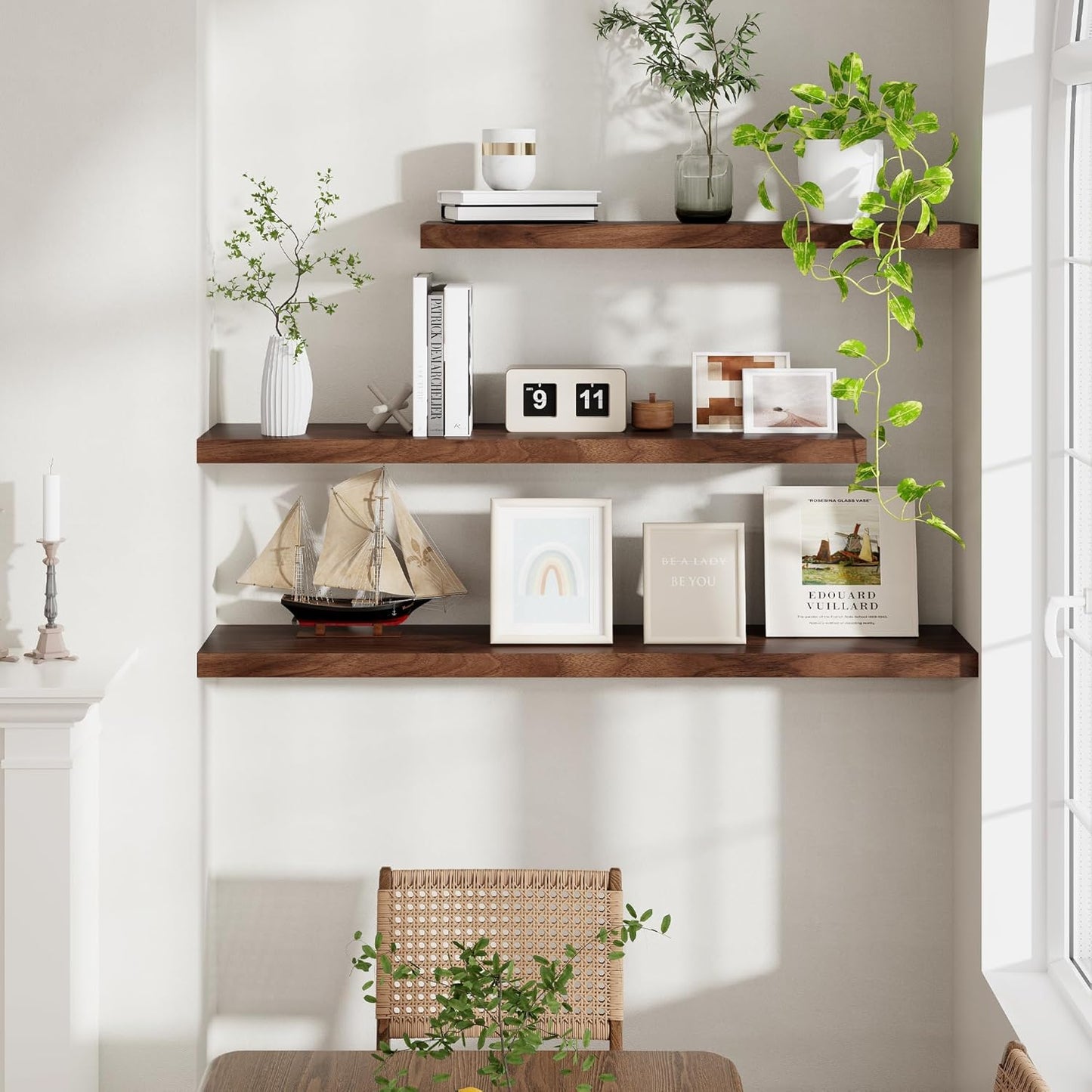 40 Inch Floating Shelvese, 40" W x 9" D Floating Shelf Set of 2, Farmhouse Wood Wall Shelves for Bedroom, Kitchen, Wall Mounted Deep Shelving for Home Decor, Walnut Color