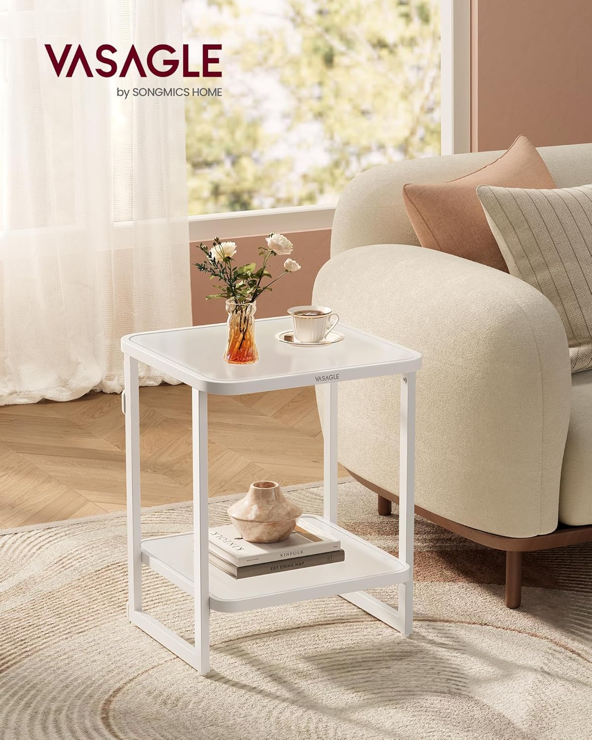 VASAGLE End Table, 2-Tier Side Table with LED Lights, Modern Nightstand, Square Bedside Table, Frosted Glass, Bottom Shelf, for Bedroom, Cloud White and Pearl White ULET232W01
