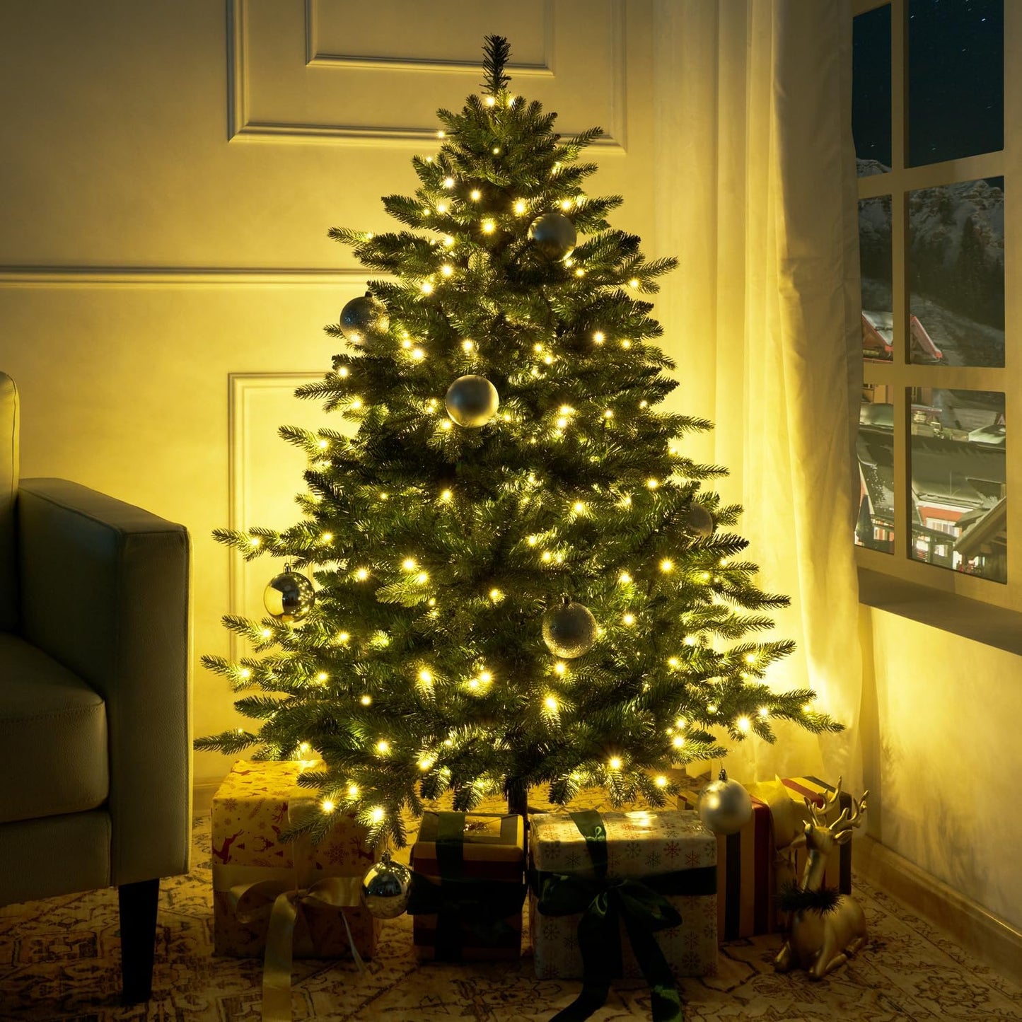 Cynthia 4.5ft Prelit Aritificial Christmas Tree with 1117 Branch Tips, 300 Warm Lights and Metal Stand, 40" Wide Realistic Rustic Christmas Tree with Lights by Naomi Home