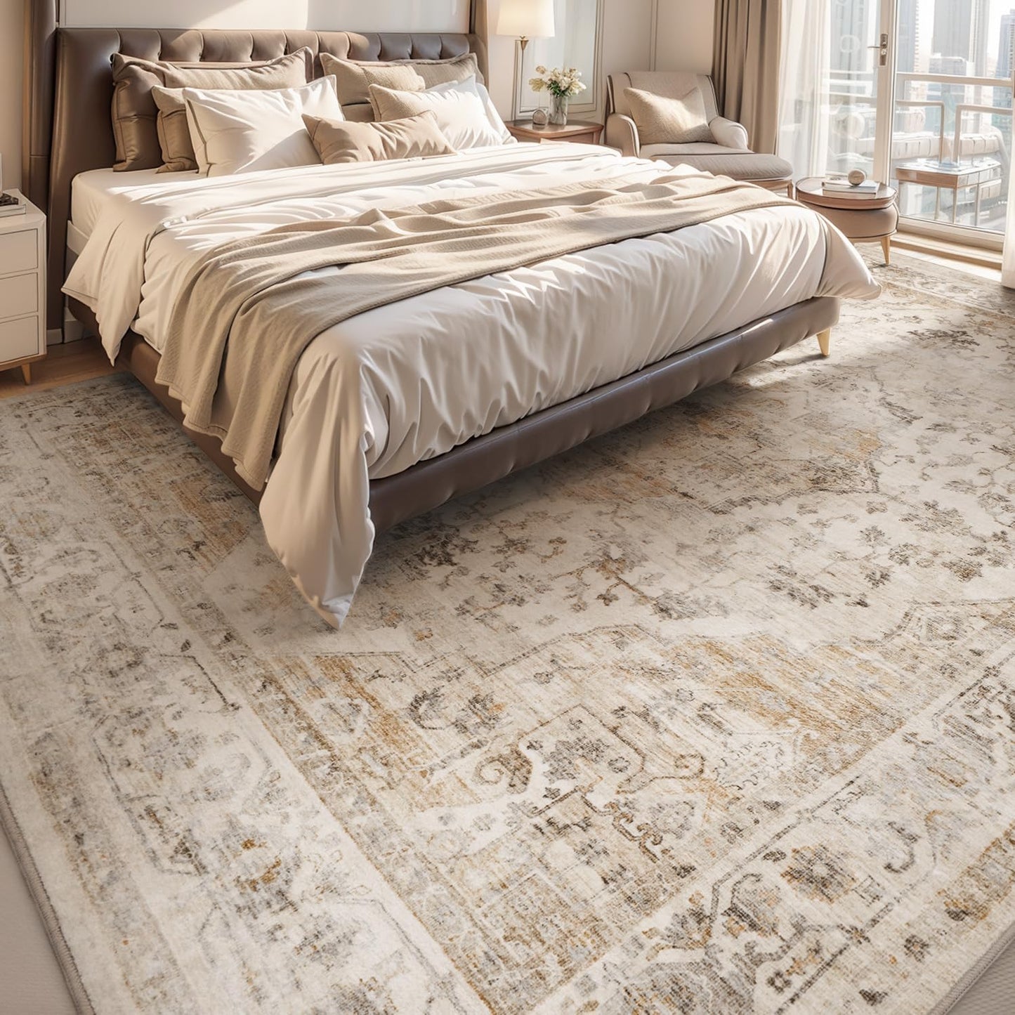 AMOAMI-Area Rug 8FT X 10FT Rugs for Living Room-Vintage Soft Beige Rugs for Bedroom-Non Slip Carpet-Washable Rug for Dining Room Living Room Bedroom Office Under Table