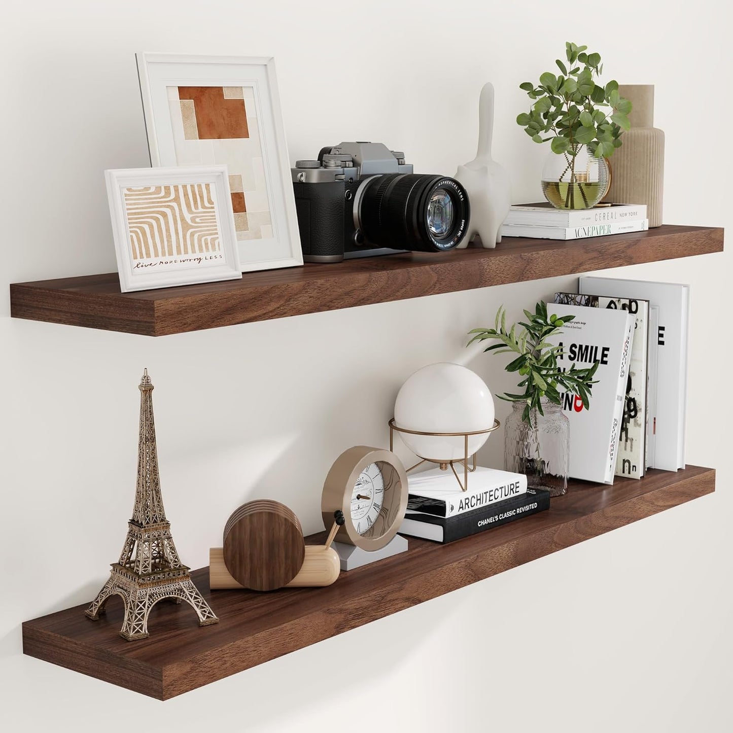 55 Inch Floating Shelves Set of 2, Rustic 55 x 9 Floating Shelf for Wall, 9 Inch Deep Wall Shelves Invisible Bracket, Large Deep Shelving for Bedroom, Kicten, Living Room, Walnut Color