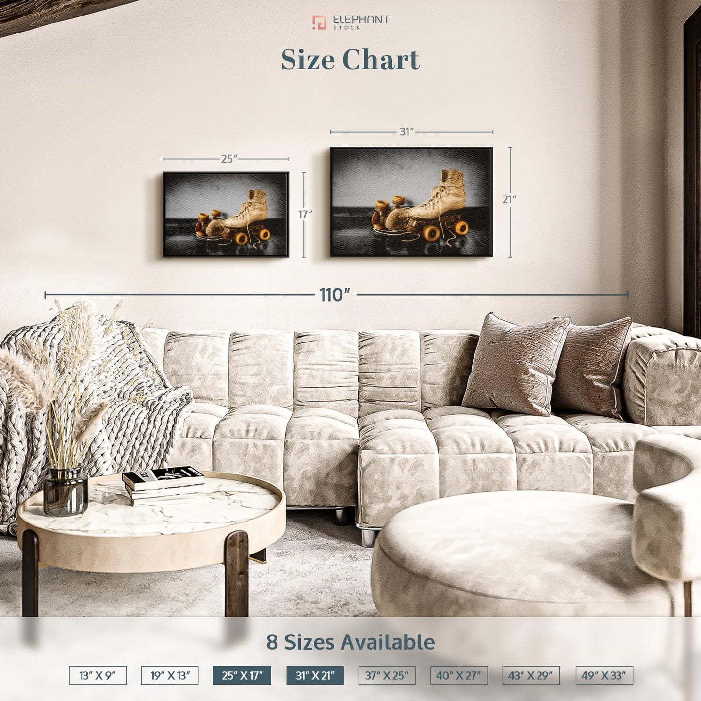 ElephantStock Vintage Skates Pop Wall Art - Horizontal Framed Canvas - 1-Piece Living Room Wall Decor - Sport Photography Canvas Print - Beige and Black Decor for Wall - 25" X 17"