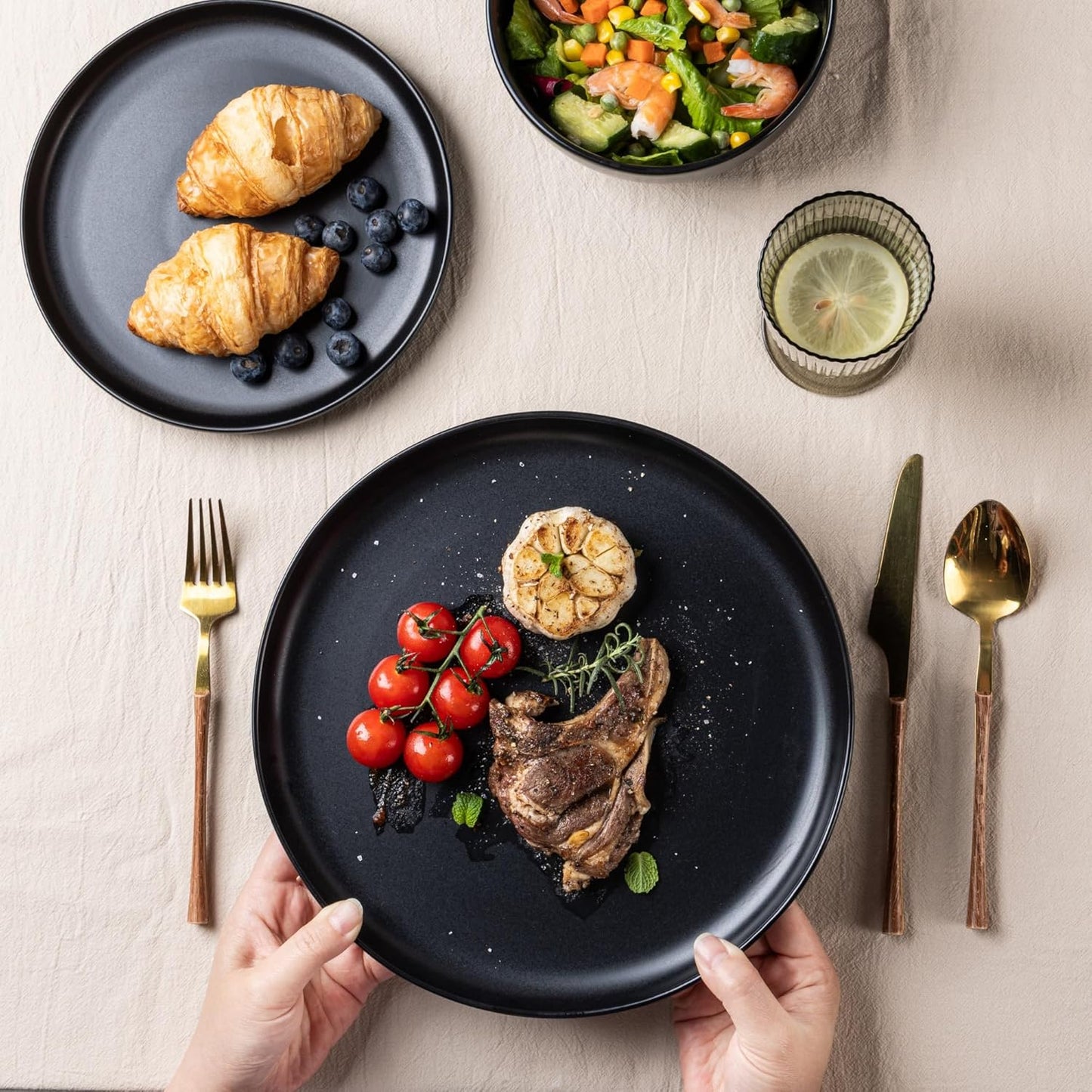 AmorArc Ceramic Dinnerware Sets, Wavy Rim Stoneware Plates and Bowls Sets, Highly Chip and Crack Resistant | Dishwasher & Microwave & Oven Safe Dishes set, Service for 8 (24pc)