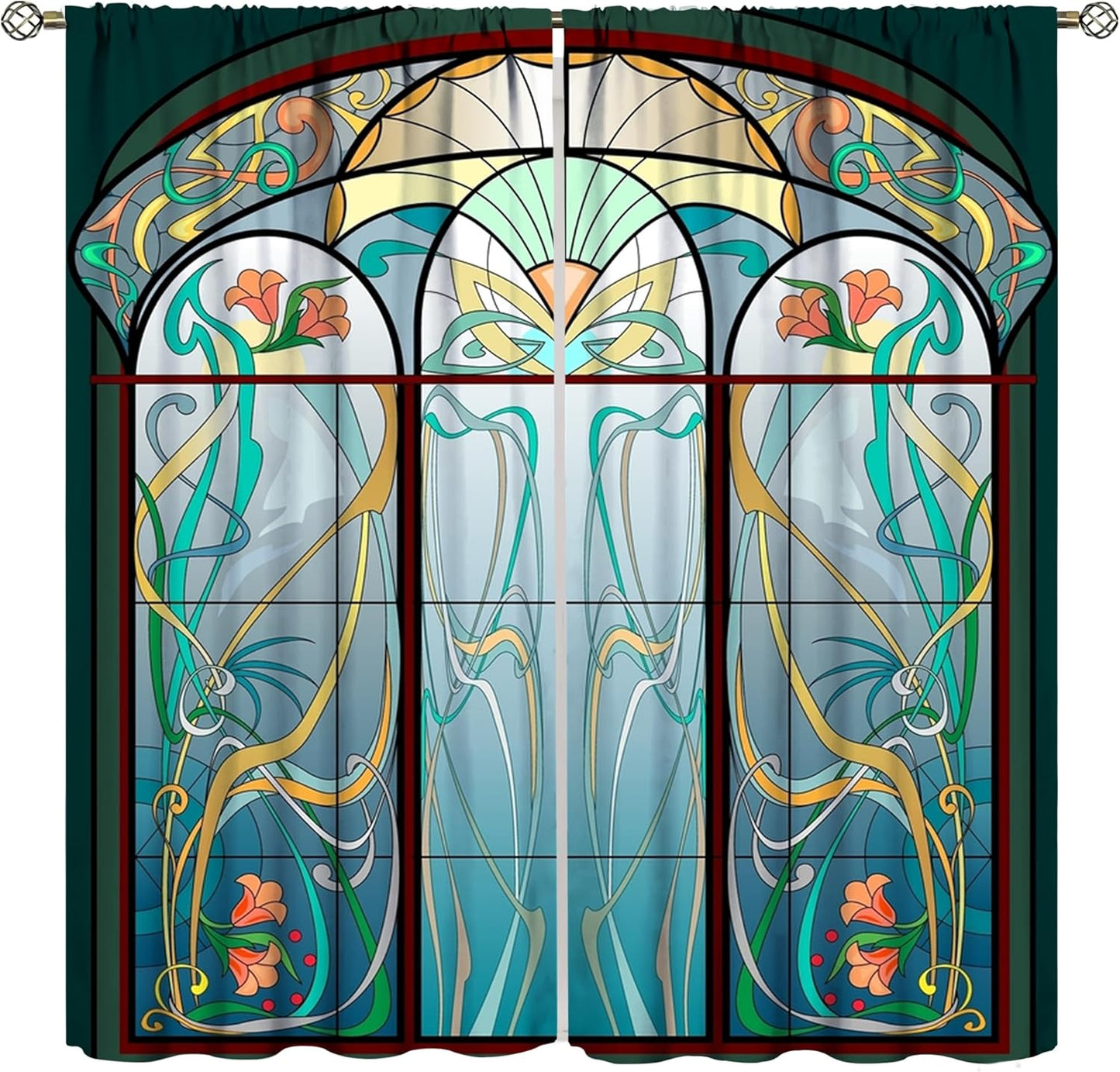 Stained Glass Curtains, Retro Mid Century Boho Abstract Art Home Decor Drapes for Bedroom Living Room Kitchen Window Treatment 2 Panels Set Total Size 52" W X 84" L Inch