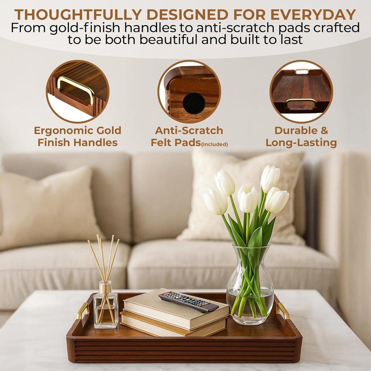 Acacia Wood Serving Tray with Metal Handles – 17x12in Rustic Decorative Ottoman & Coffee Table Tray for Breakfast in Bed, Dinner, Bar, Kitchen, Home Décor & Entertaining