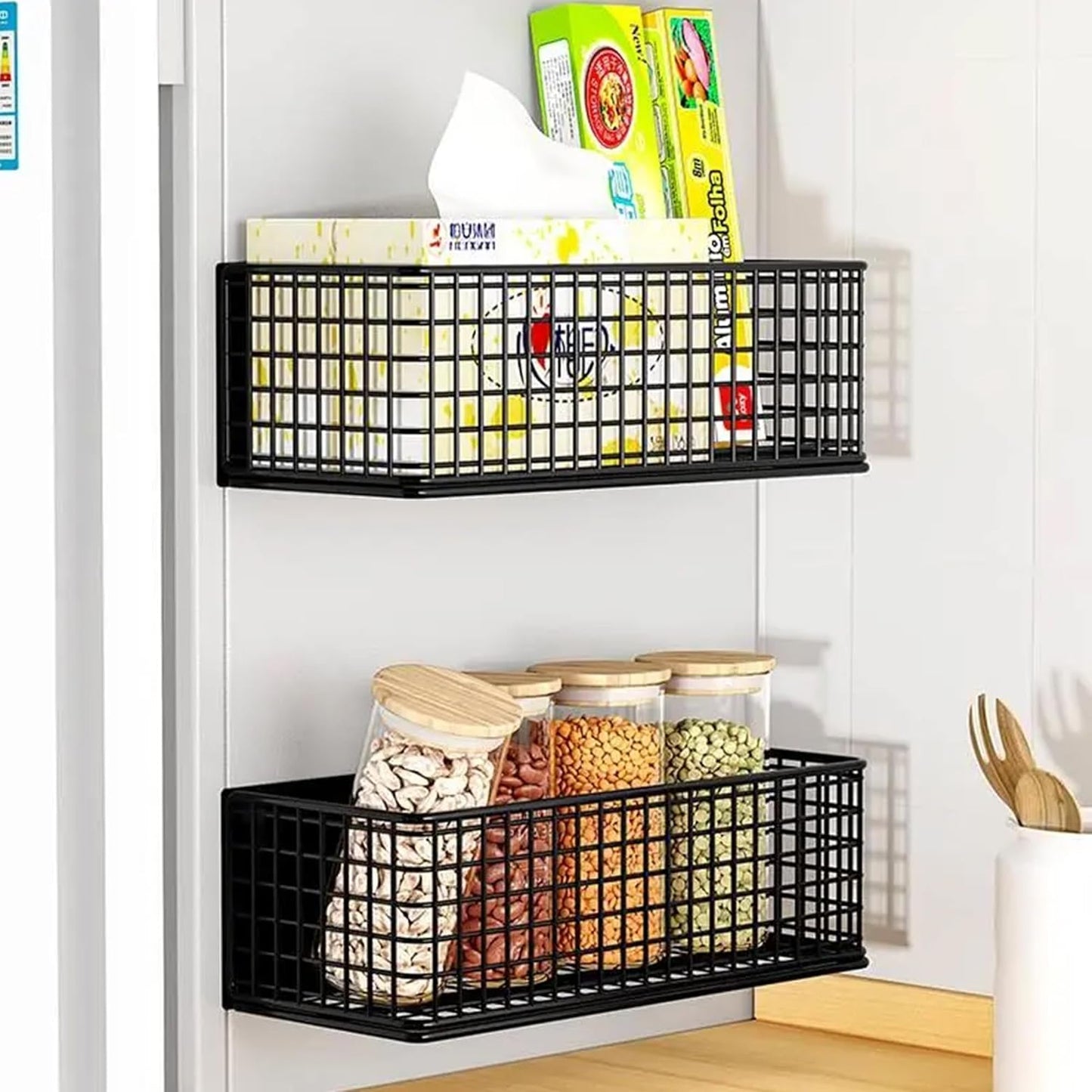 Magnetic Basket Fridge Organizer Wire Bins Pencil Holder Whiteboard Accessories Home Kitchen Organization (Black-High)