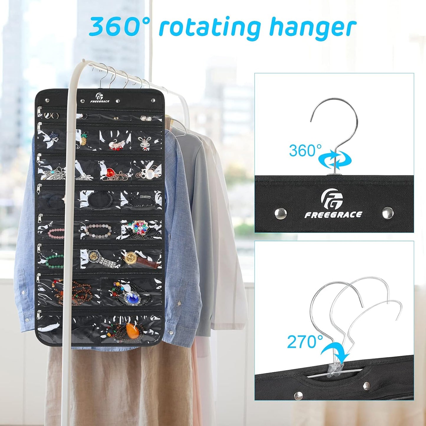 Freegrace Hanging Jewelry Organizer Revolving Hanger - Secure Zipper Closure - 50 Pockets - Foldable Storage & Display Solution - for All Jewelry & Bijoux (Black)
