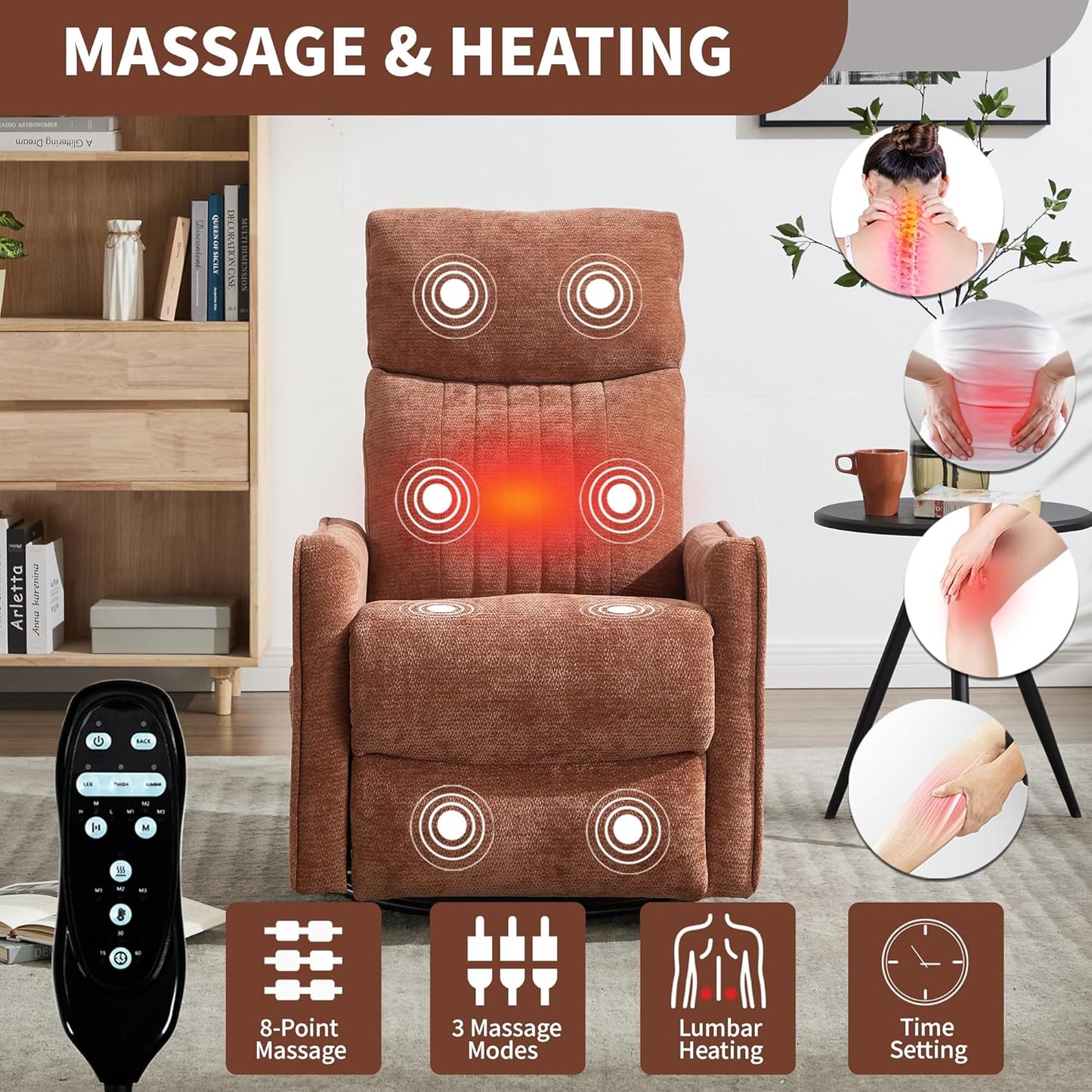 Manual Swivel Rocker Recliner Chair for Adults, Overstuffed Reclining Glider Chair for Nursing with Vibration Massage & Heat, Living Room Rocking Recliner 2-Stage backrest, Chenille Fabric Orange