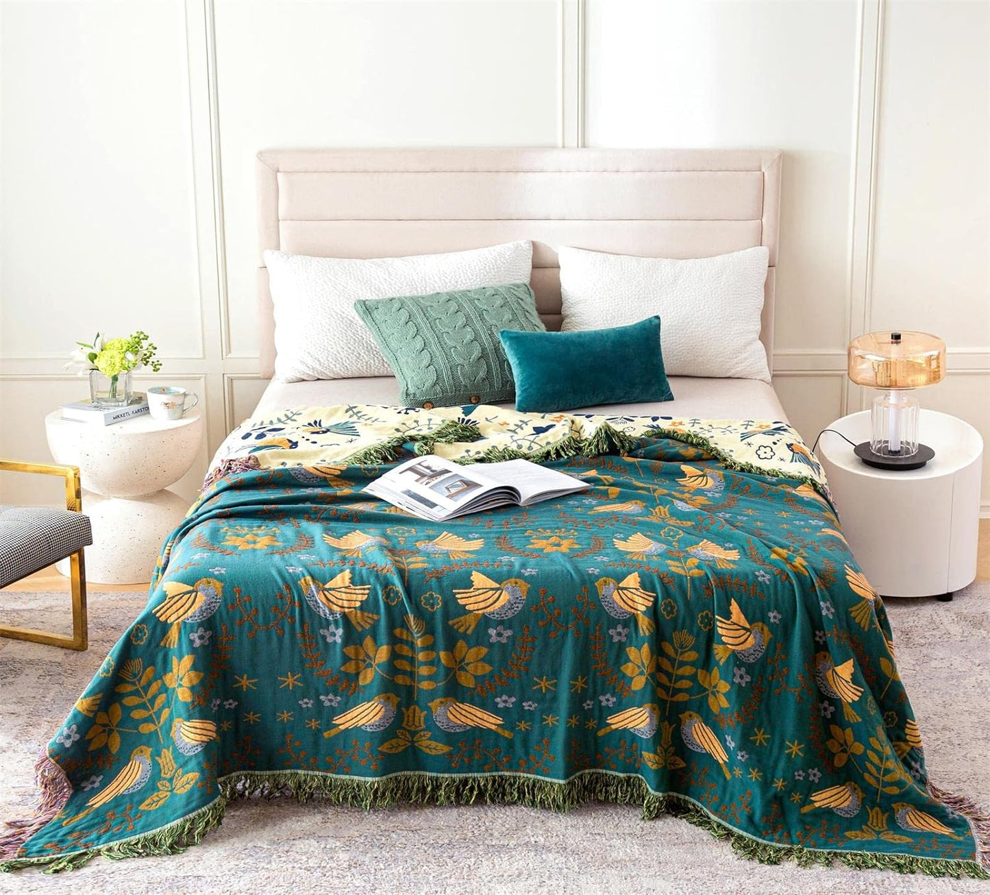 MSGKV Boho Throw Blanket 100% Cotton Blankets for Bed Couch 60''x80'', Soft Summer Blanket Travel Boho Quilt Muslin Blanket Home Decor Farmhouse Warm Throws Gifts for Women Mom