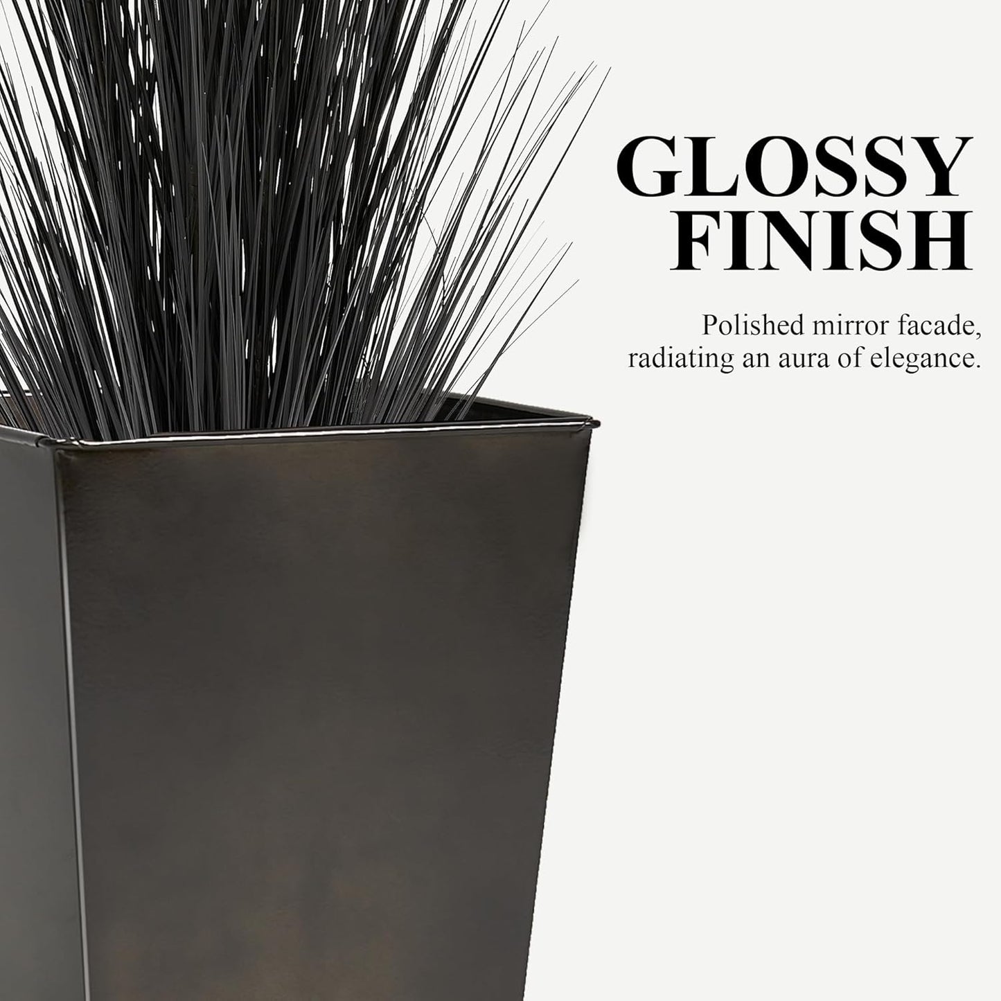 Worth Garden Large Metal Glazed Floor Planter Set of 2-14" Dia x 18" H - Luxurious Glossy Finish Black Tall Square Tapered Steel Plant Pots, Decor Flower Pot Indoor & Outdoor, Drainage Hole
