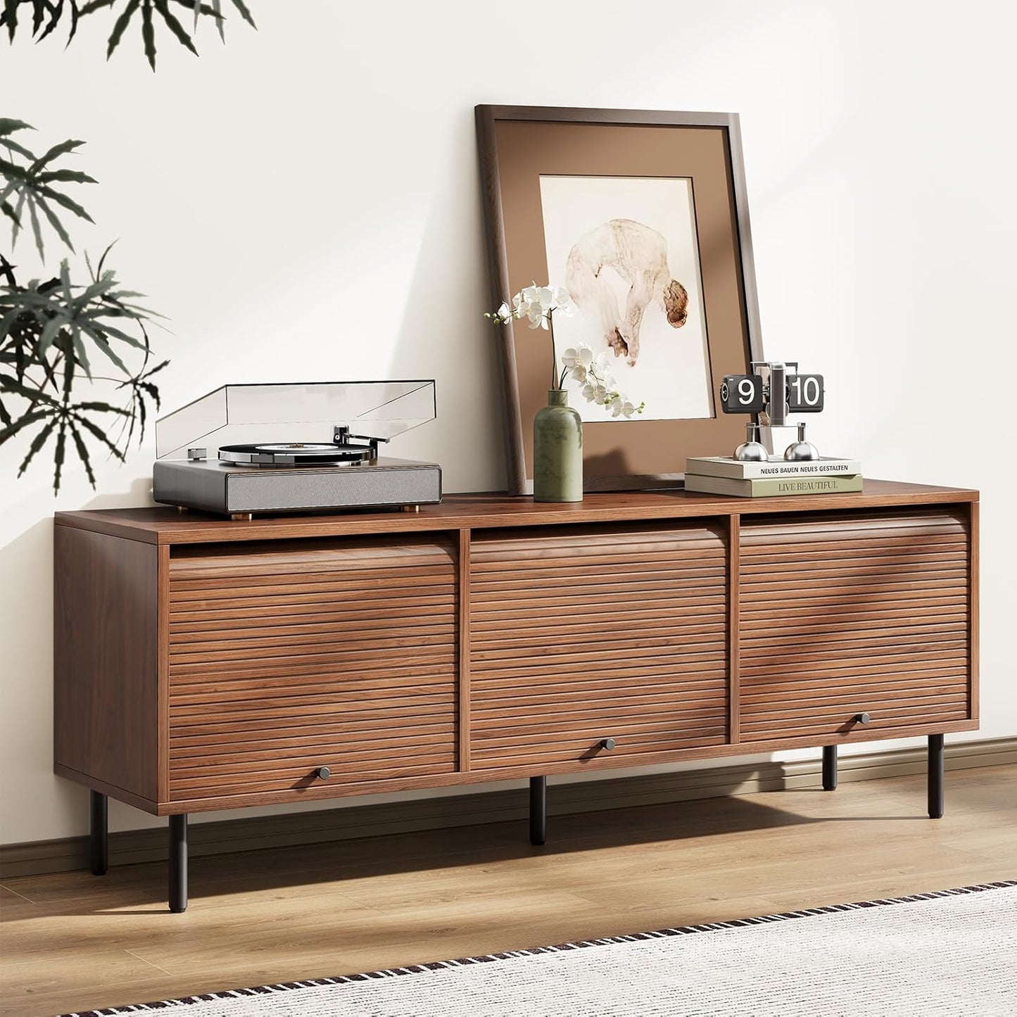 59 Inch TV Stand with Power Outlet for TVs up to 65 Inch, Entertainment Center with Storage, Mid-Century Modern TV Console, Adjustable Shelf & Sliding Doors, TV Stand for Living Room, Bedroom, Walnut