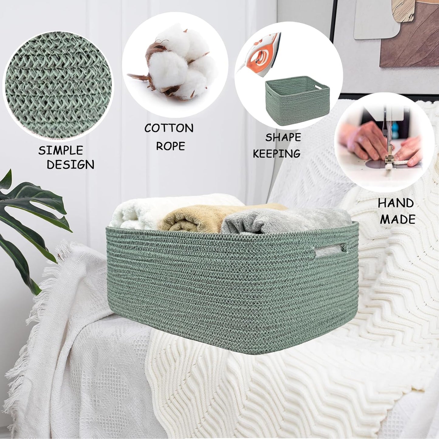 COMFY-HOMI Cotton Rope Woven Basket with Handles for Shelves,Toys,Book, Cloth Storage Baskets for Organizing-17" x 13" x 7.5" Toy Decorative Organizer for Living Room, Bathroom （Green）