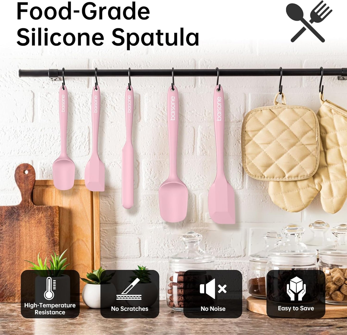Barsone 5-Piece Silicone Spatula Set（ Heat Resistant 446°F Food Grade BPA Free, Nonstick Cookware Safe Dishwasher Safe Kitchen Tools for Baking, Cooking, Stirring, Pink）