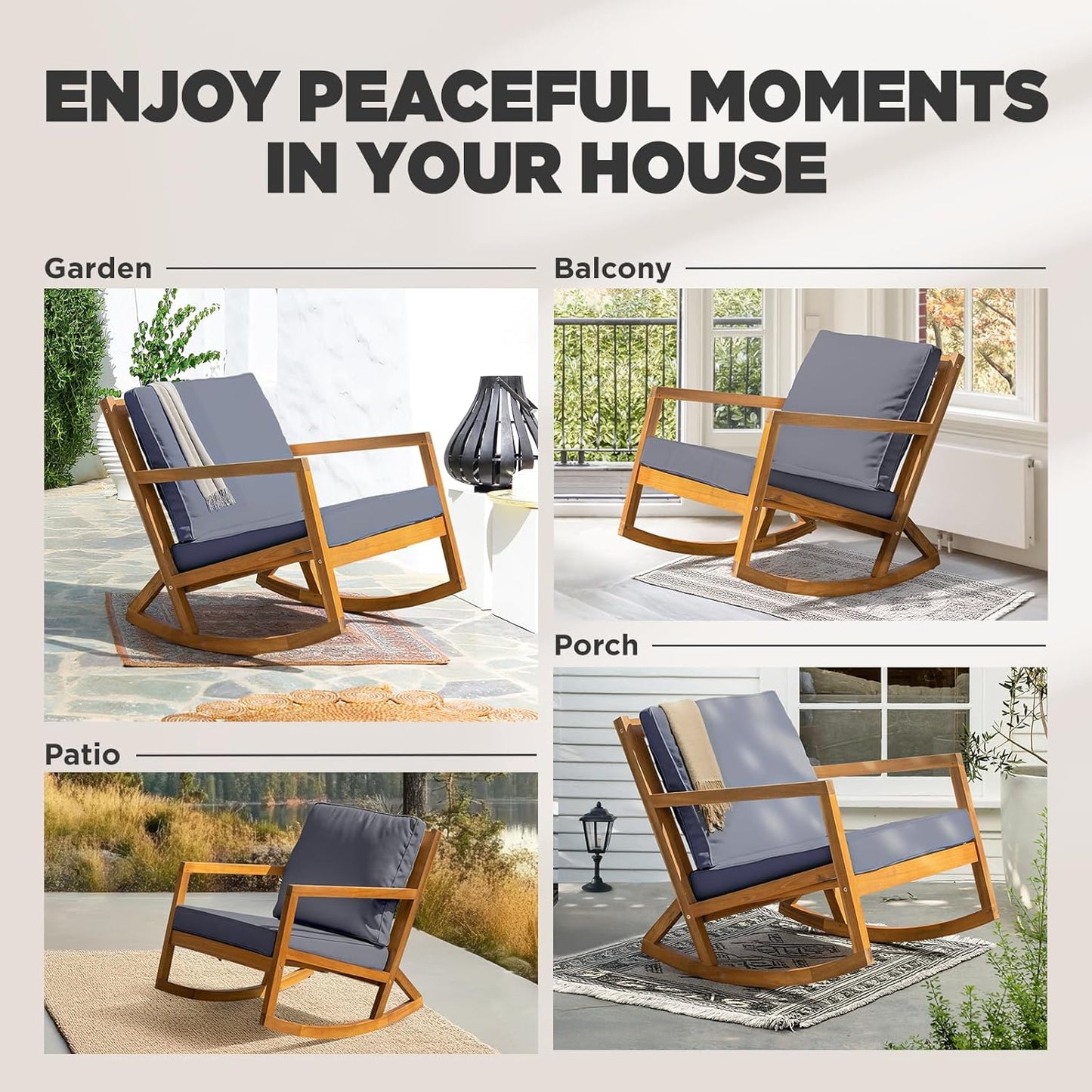 IDZO Club Rocking Chair 500lbs Capacity with Inclined Backrest, Thick Foam Cushion, Solid Acacia Wood Rocker for Patio, Backyard, Balcony, Porch, Grey