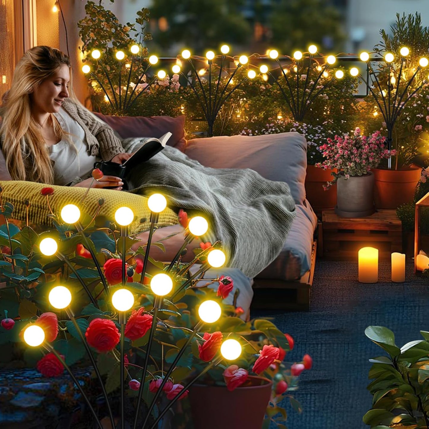 Solar Firefly Lights 16 LED Swaying Outdoor Waterproof Decorative Lights for Yard Patio Pathway Lawn Decorations (2 Pack, 8 Heads)