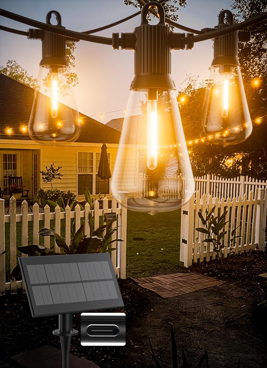 Solar String Lights Outdoor Waterproof 50FT with USB Port and 27 Shatterproof ST38 Bulbs(2 Spare), LED Solar Powered Patio Lights for Outside, Porch, Backyard, Bistro, Garden, Market - 2200K