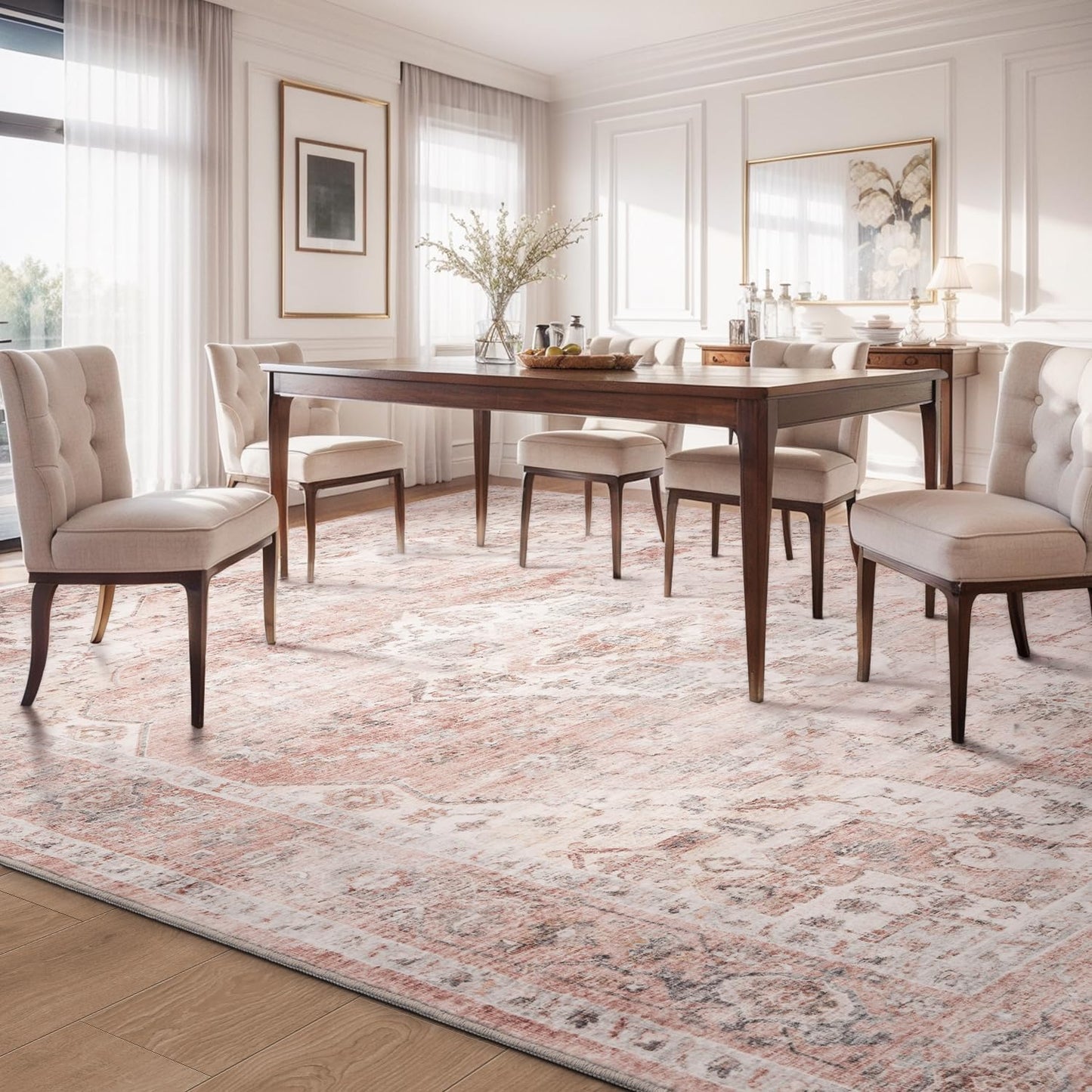 AMOAMI-3X5 Area Rug-Soft Washable Vintage Throw Accent Rugs for Living Room, Entryway, Bedroom, Kitchen, Bathroom, Laundry Room, Kitchen, Bathroom, Bedside, No Slip Pink
