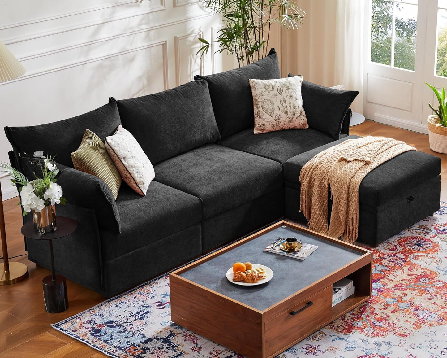 102.6" Modular Sectional Sofa, L Shaped Couch Set for Living Room, 3-Seater Comfy Cloud Couches with Movable Storage Ottoman,DIY Combination - Chenille Black