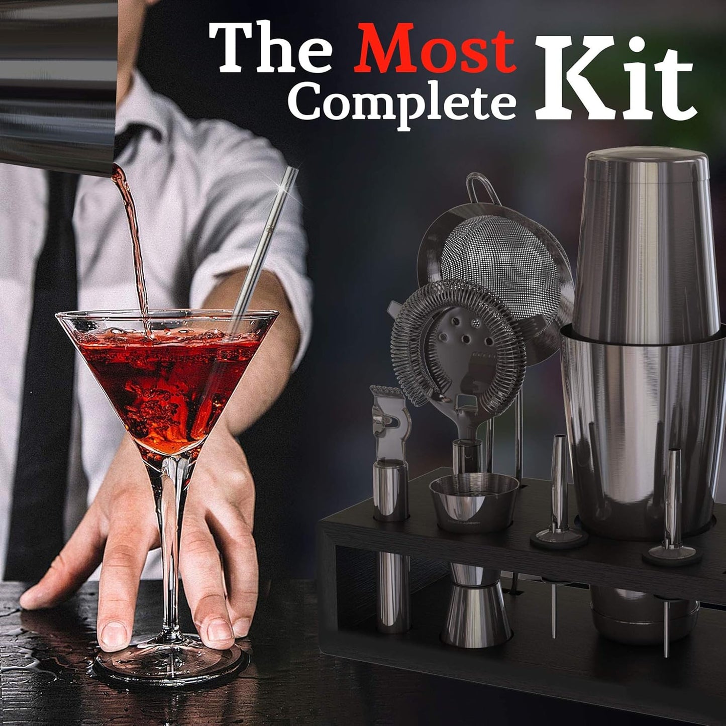 Highball & Chaser 13-Piece Gunmetal Black Stainless Steel Boston Cocktail Shaker Bar Tool Set with Mixology Bartender Kit Accessories