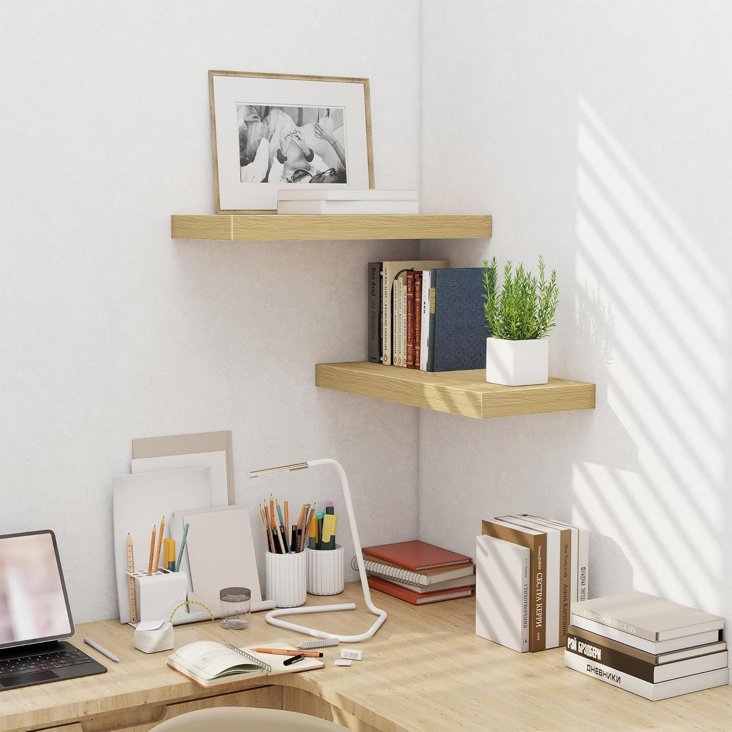 Fun Memories 24 Inch Floating Shelves Wall Mounted, 10 Inch Deep Wall Shelves, 24 x 10 Floating Shelf for Living Room Bathroom Bedroom, Oak, Set of 2