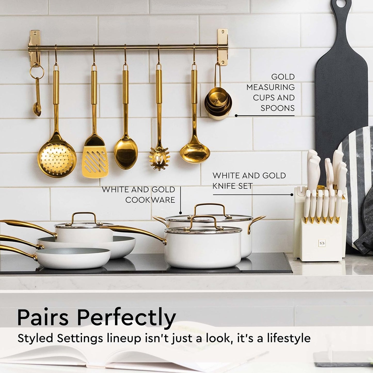 Gold Cooking Utensils Set – 5-Piece Stainless Steel Kitchen Tools for Modern Cooking and Serving – Dishwasher Safe Ladle, Spoon, Spatula, Pasta Fork, Luxury Brass Kitchen Accessories for Home Chefs