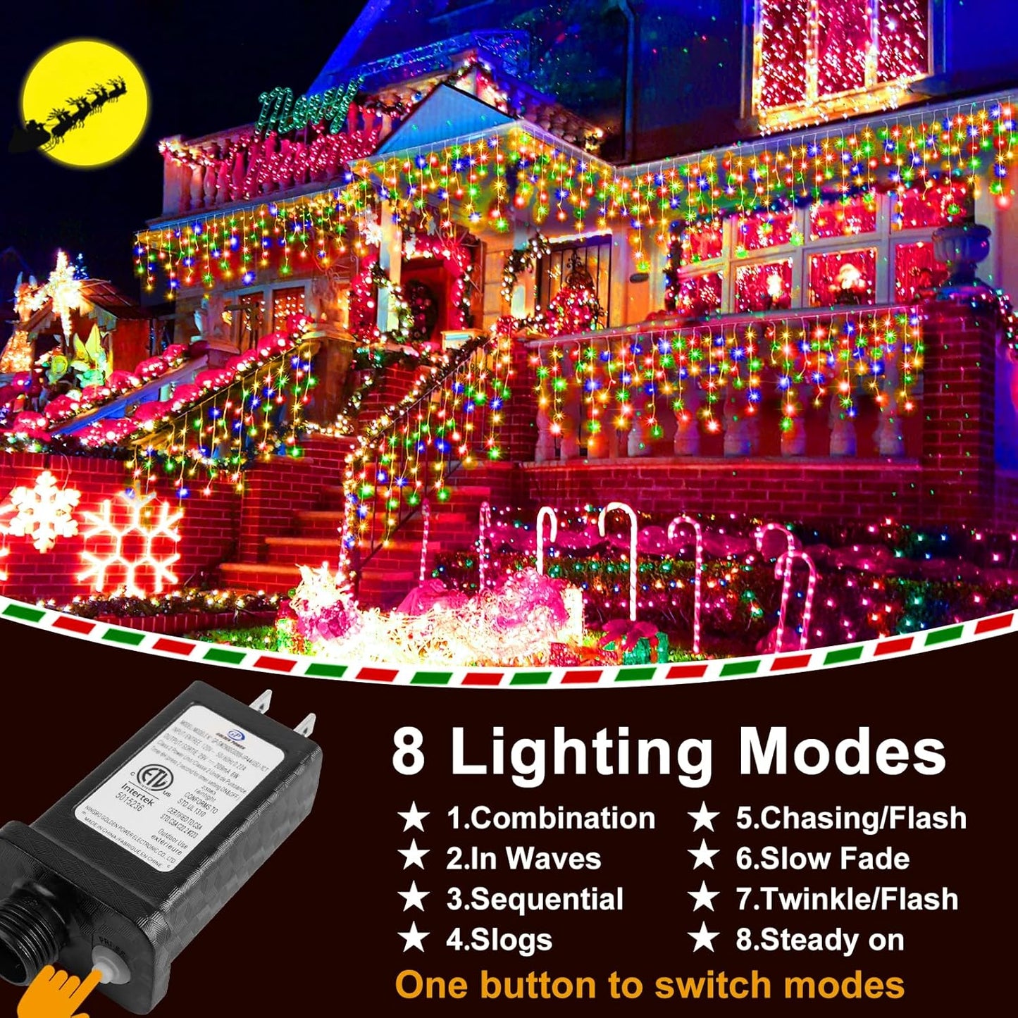 KNONEW Christmas Lights Outdoor Decorations 400 LED 33ft 8 Modes Curtain Fairy String Light with 75 Drops, Clear Wire LED String Light for Wedding Party Holiday Christmas Decorations Multicolor