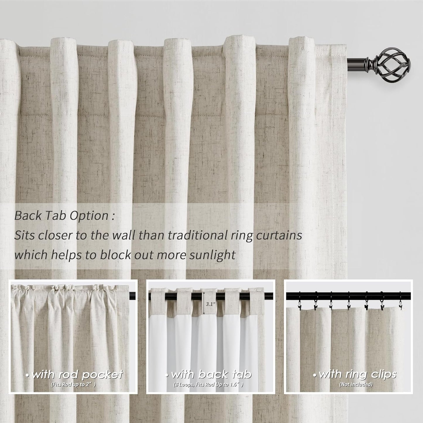 BOODII Room Darkening Curtains 120 Inch Back Tab Thermal Insulated Black Out Linen Drapes Extra Long Blackout Curtains for Patio Door Large Window Ceiling to Floor Light Blocking Natural Cream 52x120