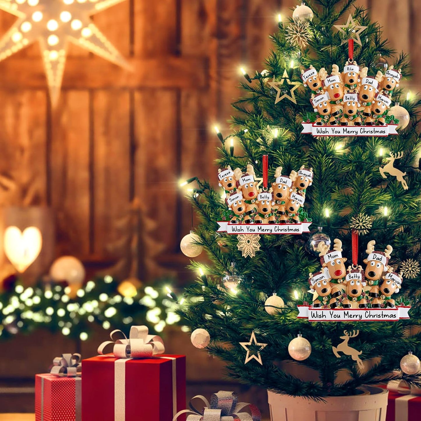 Personalized Deer Christmas Ornaments 2025 Family of 2,3,4,5,6,7,8 Custom Name Reindeer Xmas Ornament with Text,Customized Christmas Decoration Gifts - Family of 5