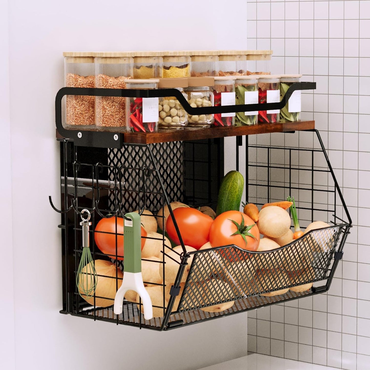 Magnetic Shelf for Fridge with Wood Lid, Magnetic Spice Rack for Refrigerator Large Capacity Sturdy with 4 Hooks,Magnetic Basket for Kitchen Pantry Laundry (1 Set with Buckles)