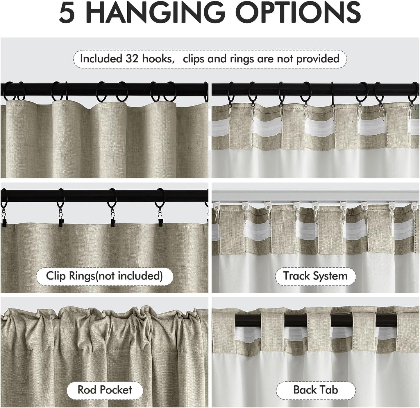 MIULEE 100% Blackout Curtains 96 Inch Long 2 Panels Set for Bedroom, Thick Faux Linen Black Out Curtain Room Darkening Back Tab Pleat Floor to Ceiling Window Drapes with Hooks for Living Room, Oatmeal
