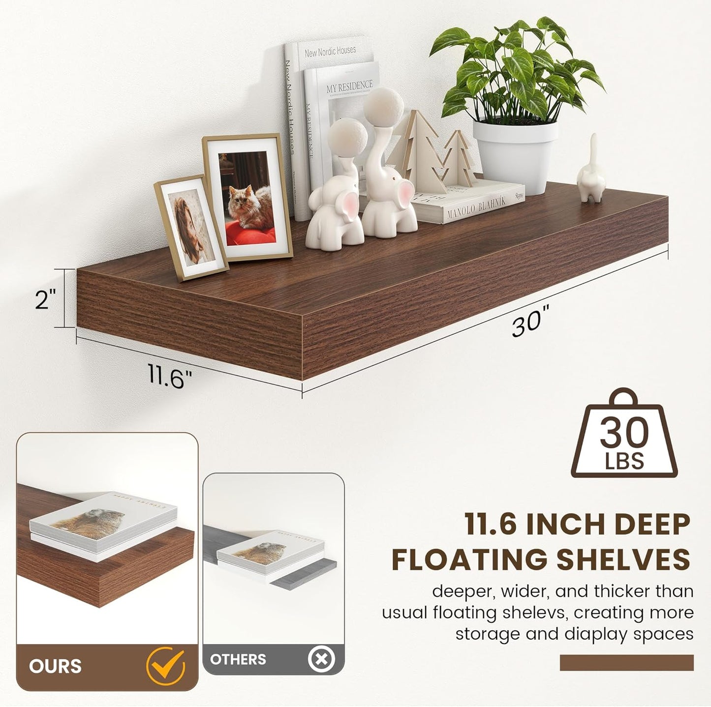 Deep Floating Shelves for Wall | 30 Inch Wide x 12 Inch Deep Floating Shelves | 30W x 12D Rustic Walnut Wide Wall Shelves | Bookshelf Laundry Shelf TV Shelf