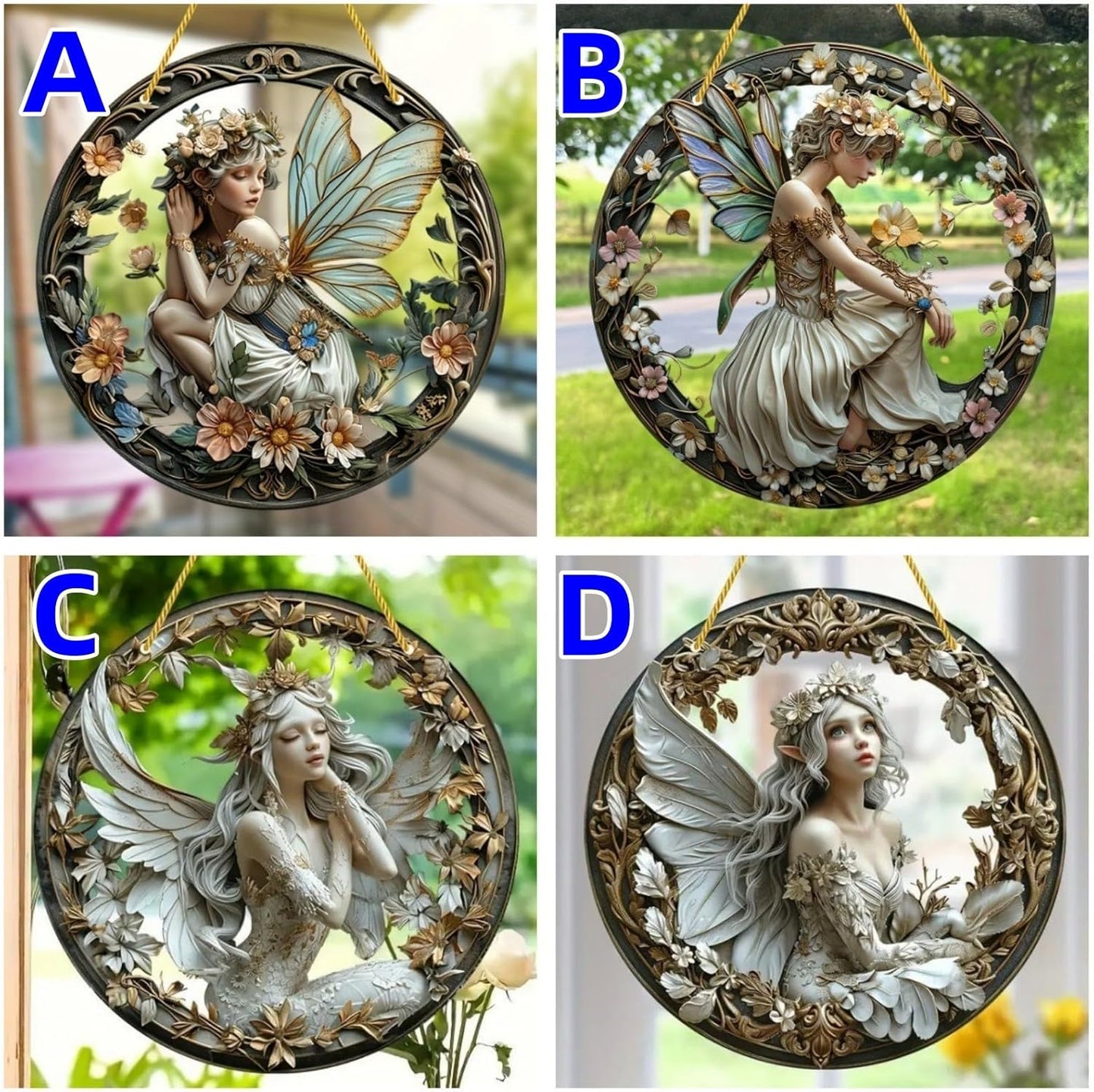 Flower Fairy Garden Decorations Angel Wing Christmas Halloween Deco Statue Art Elf Sculpture Hanging Craft for Outdoor Yard Courtyard Lawn Patio Window Acrylic Ornament Home Gift (A,L: 8*8 IN)