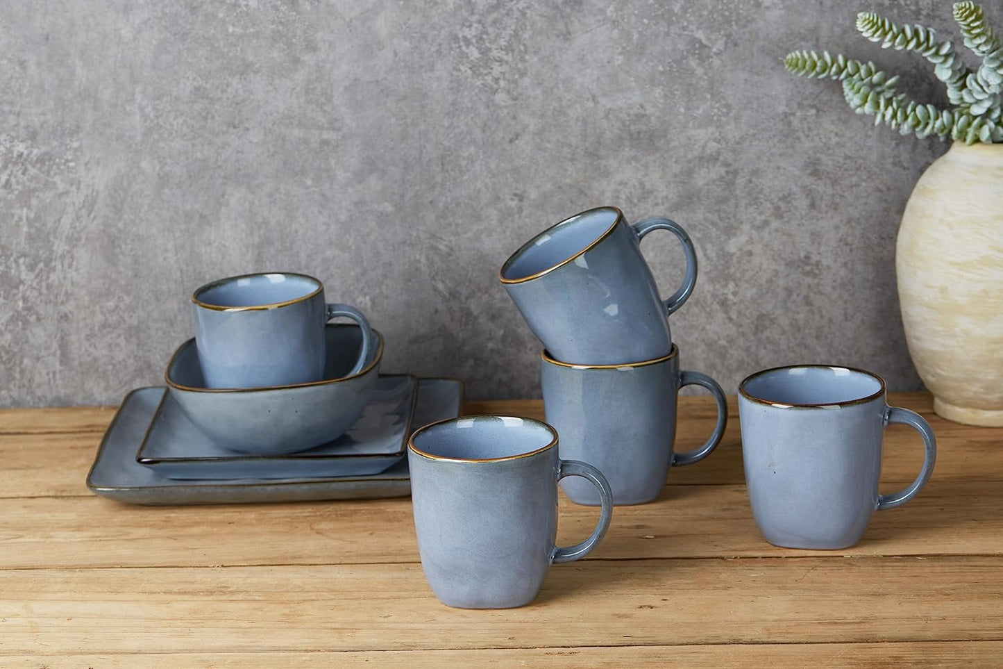famiware Coffee Mugs Set of 4, Ocean Square 13oz Coffee Cup Set with Handle for Cocoa, Milk, Hot Chocolate, Tea, Water, Stoneware Cups for Kitchen, Microwave and Dishwasher Safe, Blue