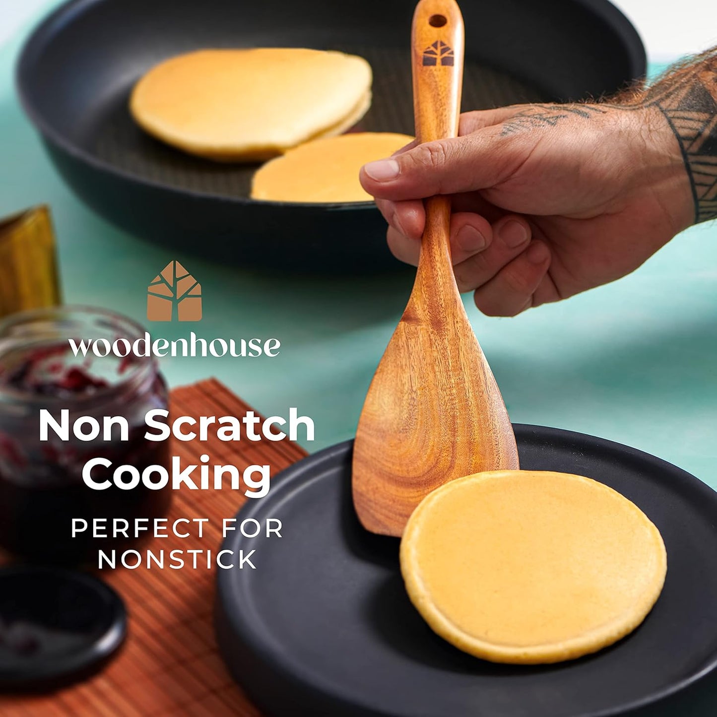 8 Pcs Teak Wooden Utensil Set with Holder, Spoon Rest & 6 Hooks - Durable Wooden Spoons for Cooking with Comfort Grip - Effortless Clean, Non-Stick Friendly