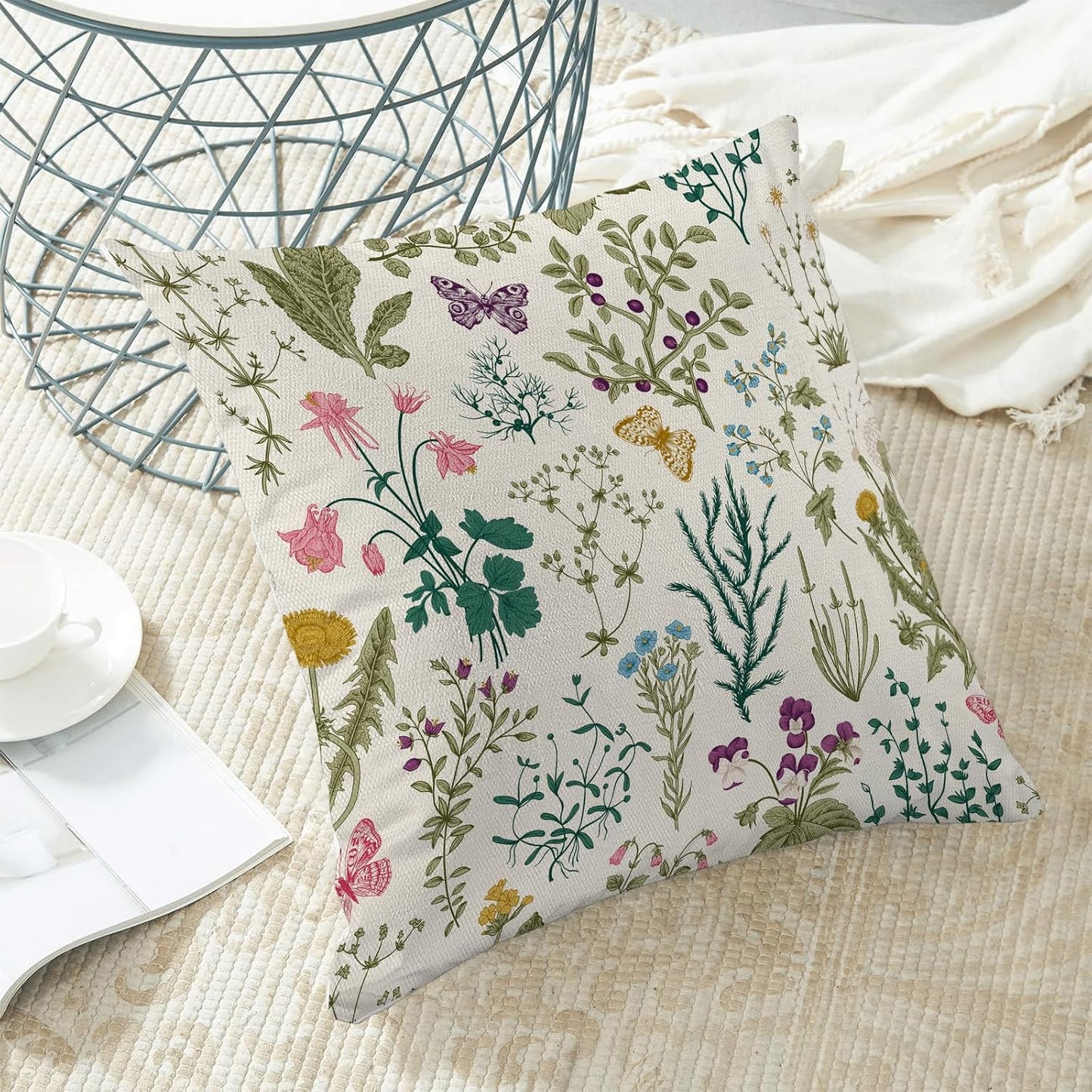 CXMEIFLY Spring Pillow Covers 16 x 16 Inch Set of 2 Vintage Sage Green Teal Wild Flowers Decor Throw Pillows Leaves Plant Outdoor Farmhouse Decorative Cushion Cases for Couch Bed Sofa Decoration