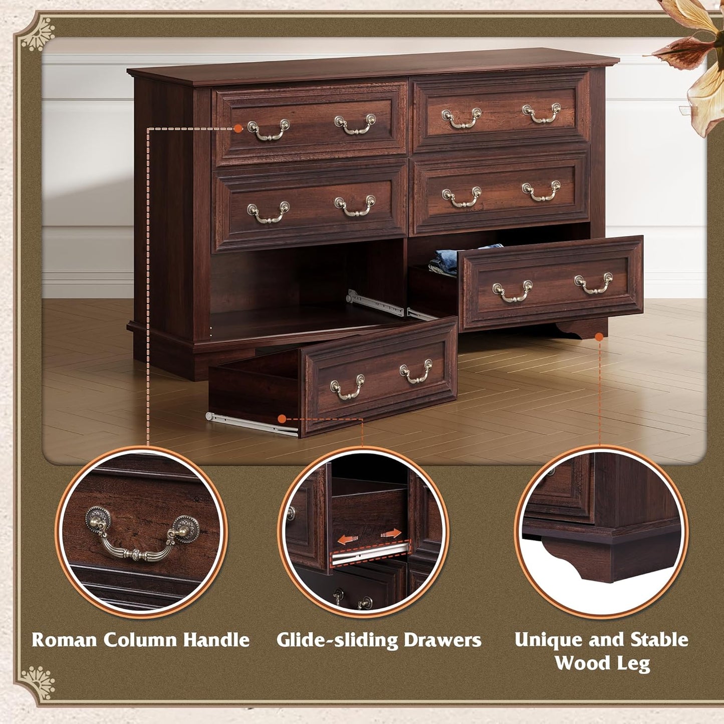 WLIVE Wood Dresser for Bedroom with 6 Drawer, 51.97'' Wide, Farmhouse Long Storage Dresser Organizer with Roman Metal Handle, TV Stand for 60 inch TV, Chest of Drawers for Living Room, Hallway, Brown
