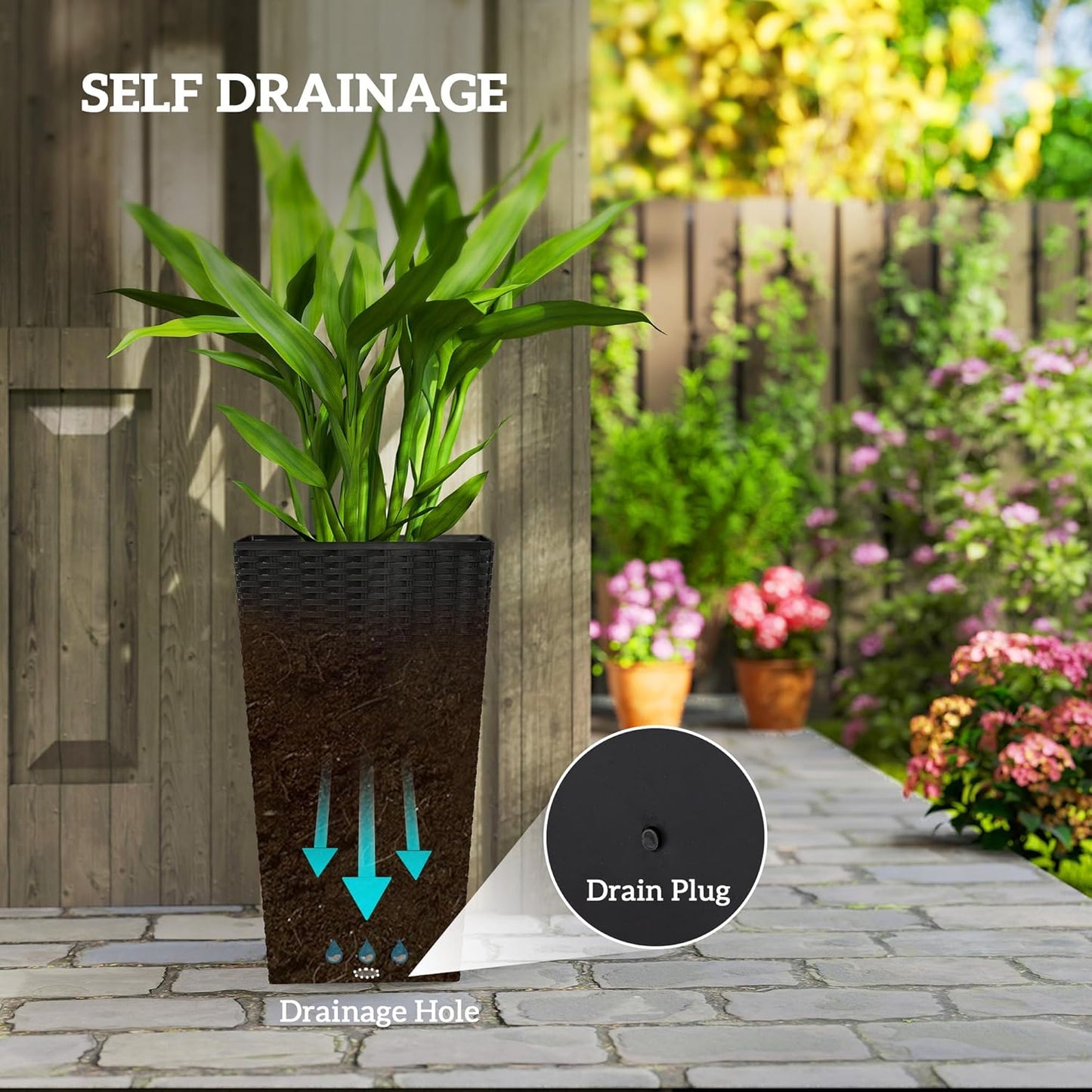 Outsunny Tall Planters for Outdoor Plants Set of 3, 24 in Taper Planters with Drainage Holes, Rattan Decor Plant Pots for Indoor Outdoor Front Porch Patio Backyard, Black