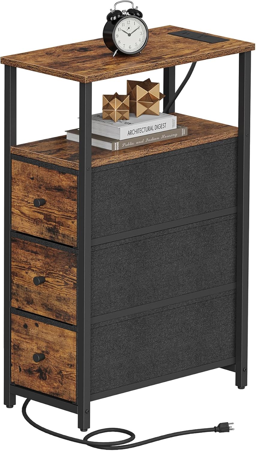 TUTOTAK Narrow Night Stand with Charging Station, Slim End Table with Plugins, Tall Side Table with 3 Fabric Drawer, Small Bedside Table with Storage, Living Room, Bedroom, Brown TB01BB086