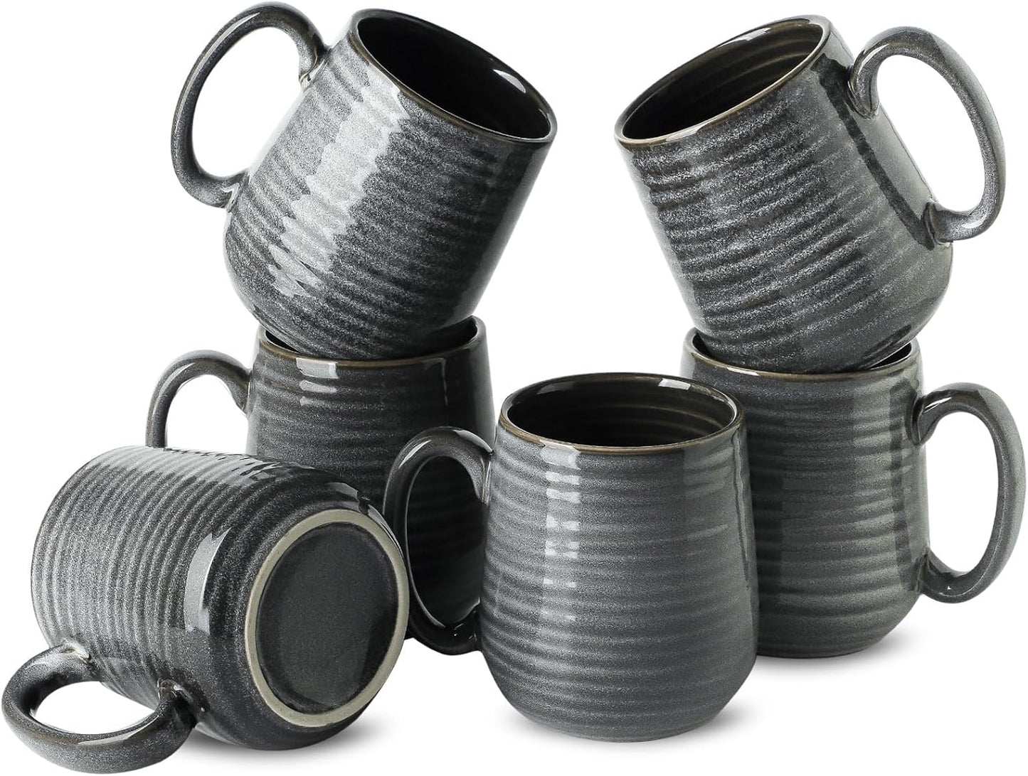 Hasense Ceramic Coffee Mugs Set of 6, Large Coffee Cups 12 oz, Latte Mug with Large Handle for Coffee, Tea, Milk and Hot Cocoa, Easy Hold & Clean, Dishwasher & Microwave Safe, Grey