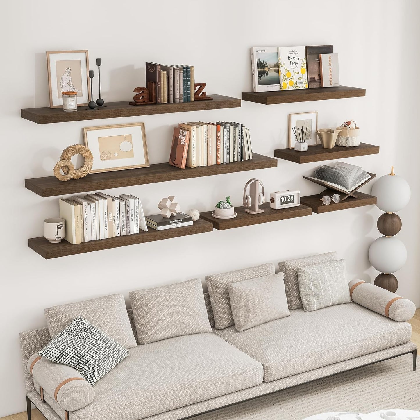 RICHFOCUS 55Inch Floating Shelves for Wall 2 Pack Shelves for Bedroom|Kitchen|Bathroom Wall Mounted Rustic Wood Floating Shelf with Invisible Brackets for Books|Storage|Decor, Walnut