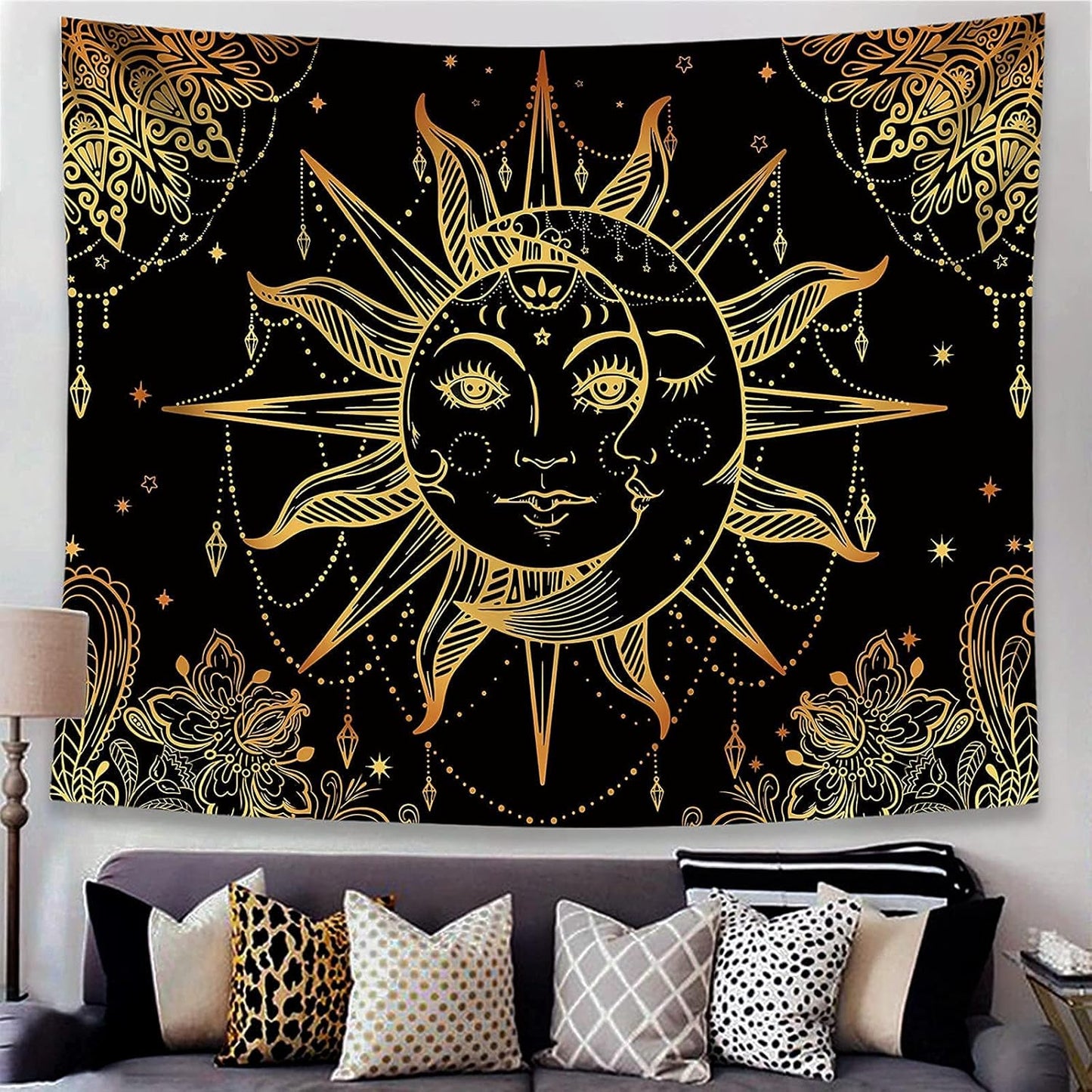 Lunerfex Hippie Sun and Moon Tapestry Bohemian Tapestry Aesthetic Cute Tapestries for Bedroom and Living Room Decor Sun 60×80 Inches