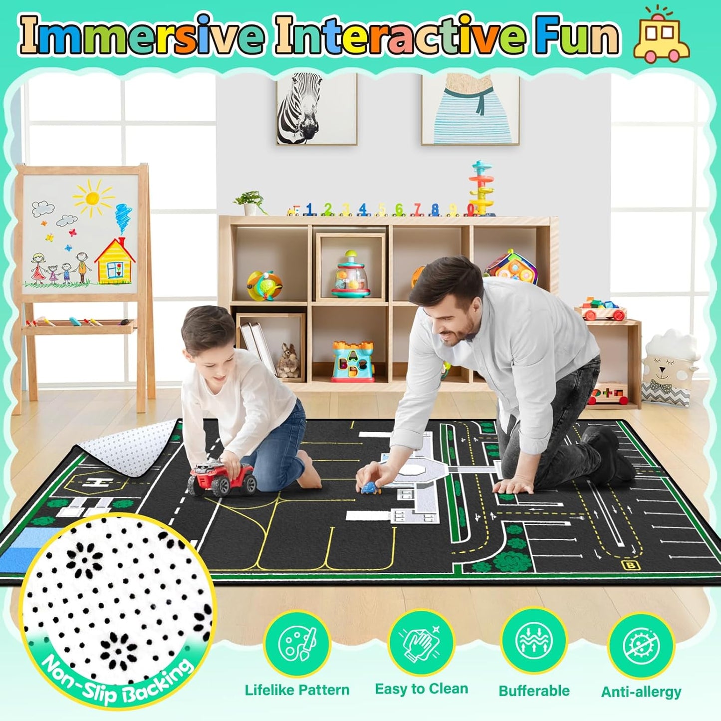 Kids Rug, Road Carpet for Kids with Combined City Road Traffic System, Car Rug and Airport Play Mat, 6x9 Ft Children’s Play Rugs for Playroom, Children’s City Traffic Map Fun Car Mat,Non-Slip