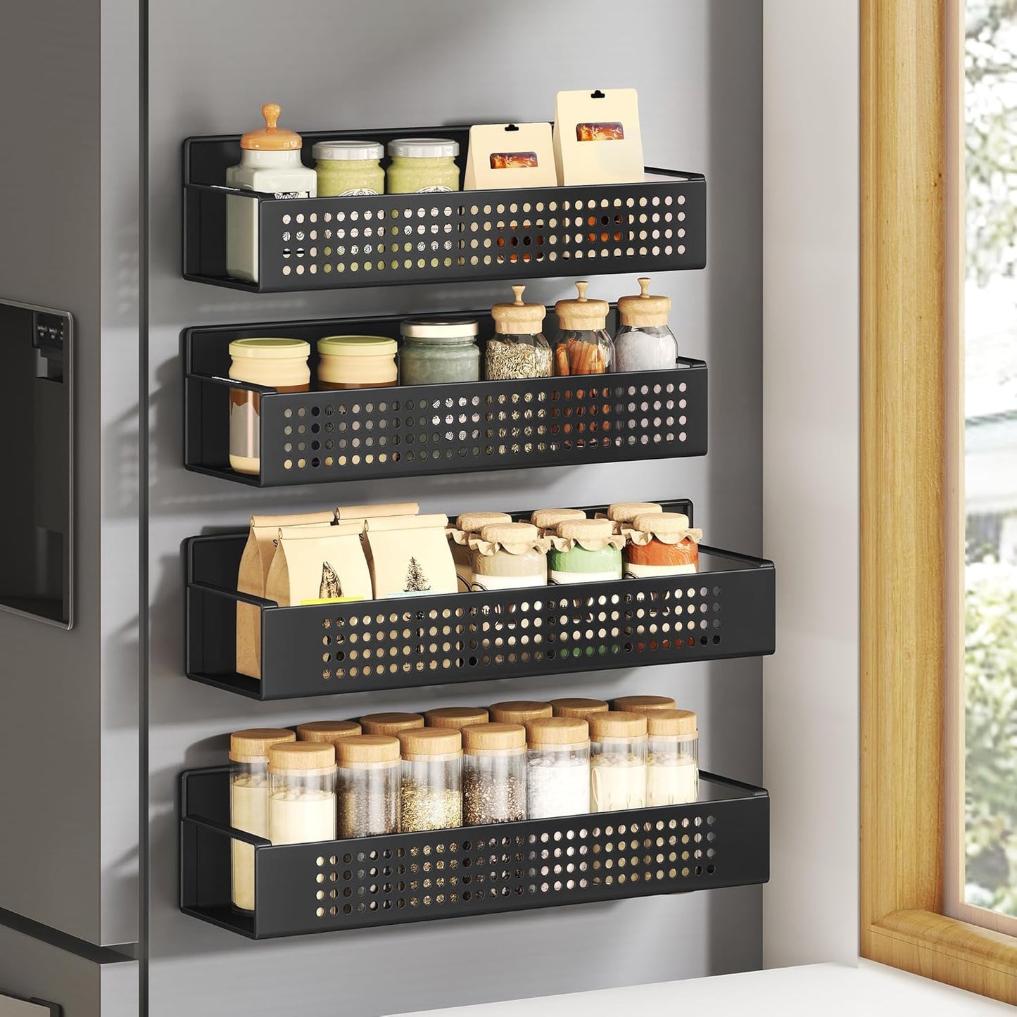 SONGMICS Magnetic Spice Rack for Refrigerator, Set of 4, 2 Large and 2 Small Kichen Magnetic Shelves for Microwave, Washing Machine, Spice Organizers, No Drilling Needed, Ink Black UKCS061B01