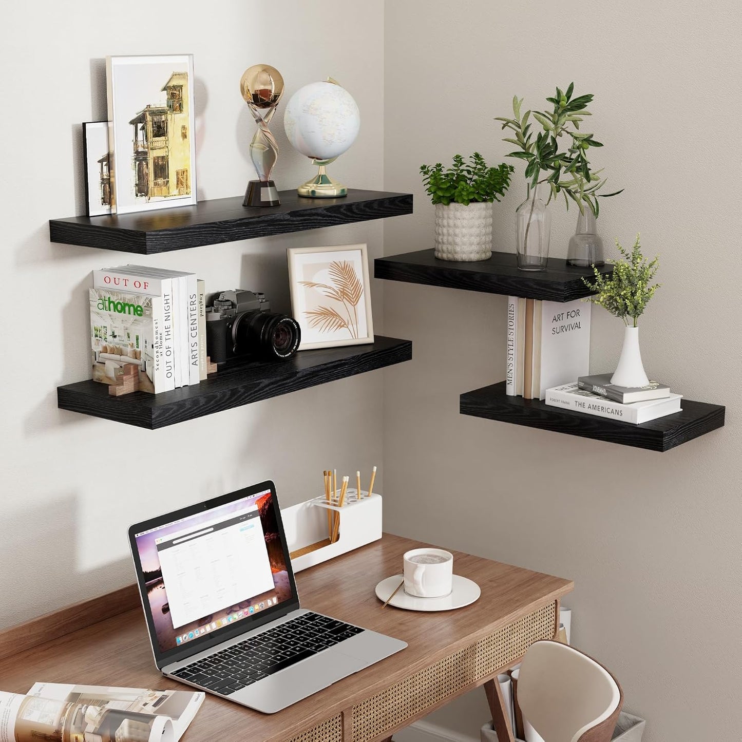 Fun Memories Black Floating Shelves 16 Inch Long, 9 Inch Deep Wall Shelf for Bathroom, 16 x 9 Floating Shelf for Living Room, Bedroom, Kitchen, Rustic Wood Shelves for Wall, Set of 2
