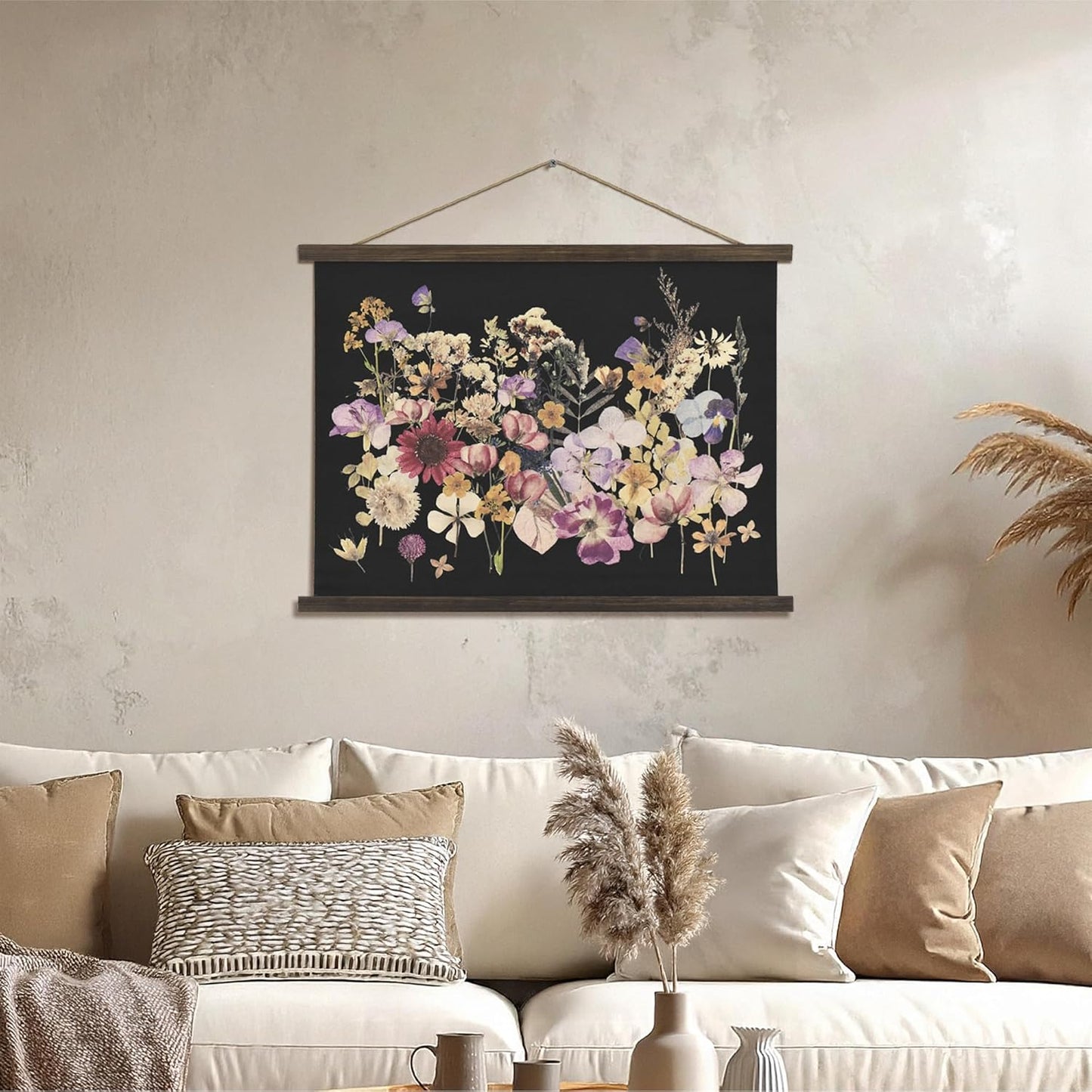 American Art Decor Framed Dried Flowers Tapestry Wall Art - Botanical Print with Blue, Yellow & Pink Blooms