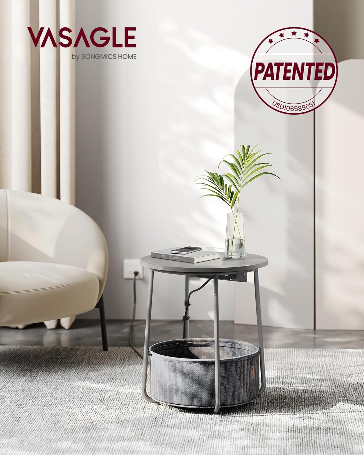 VASAGLE Side Table with Charging Station, Round End Table with Fabric Basket, Nightstand with Power Outlets, USB Ports, for Living Room, Bedroom, Modern, Dove Gray and Slate Gray ULET228G01