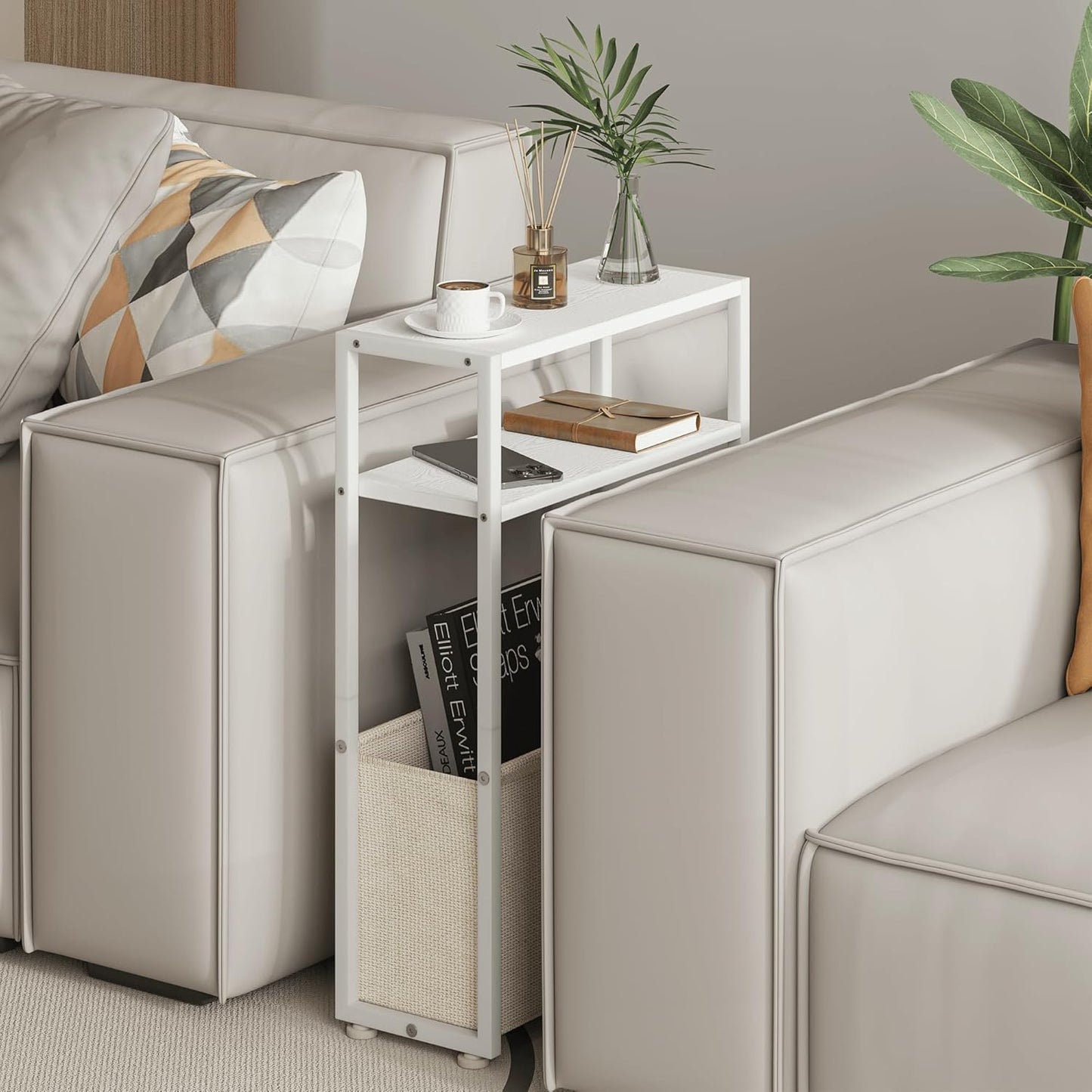 Narrow Side Table, Slim End Tables with Fabric Basket, Skinny Table for Small Spaces, Thin Bedside Table for Living Room, Bedroom (1, White + Camel Brown)