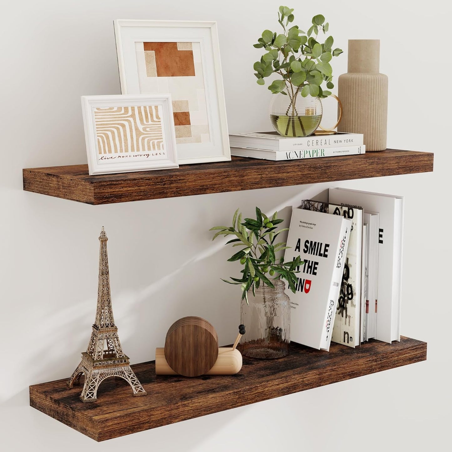 Fun Memories Rustic Wood Floating Shelves for Wall, 36 x 9 Wall Shelves Set of 2, Deep Floating Shelf for Kitchen, Living Room Storage & Display, Deep Wooden Bookshelf, Rustic Brown Color