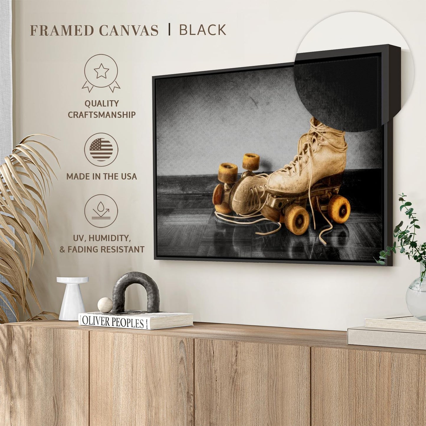 ElephantStock Vintage Skates Pop Wall Art - Horizontal Framed Canvas - 1-Piece Living Room Wall Decor - Sport Photography Canvas Print - Beige and Black Decor for Wall - 40" X 27"