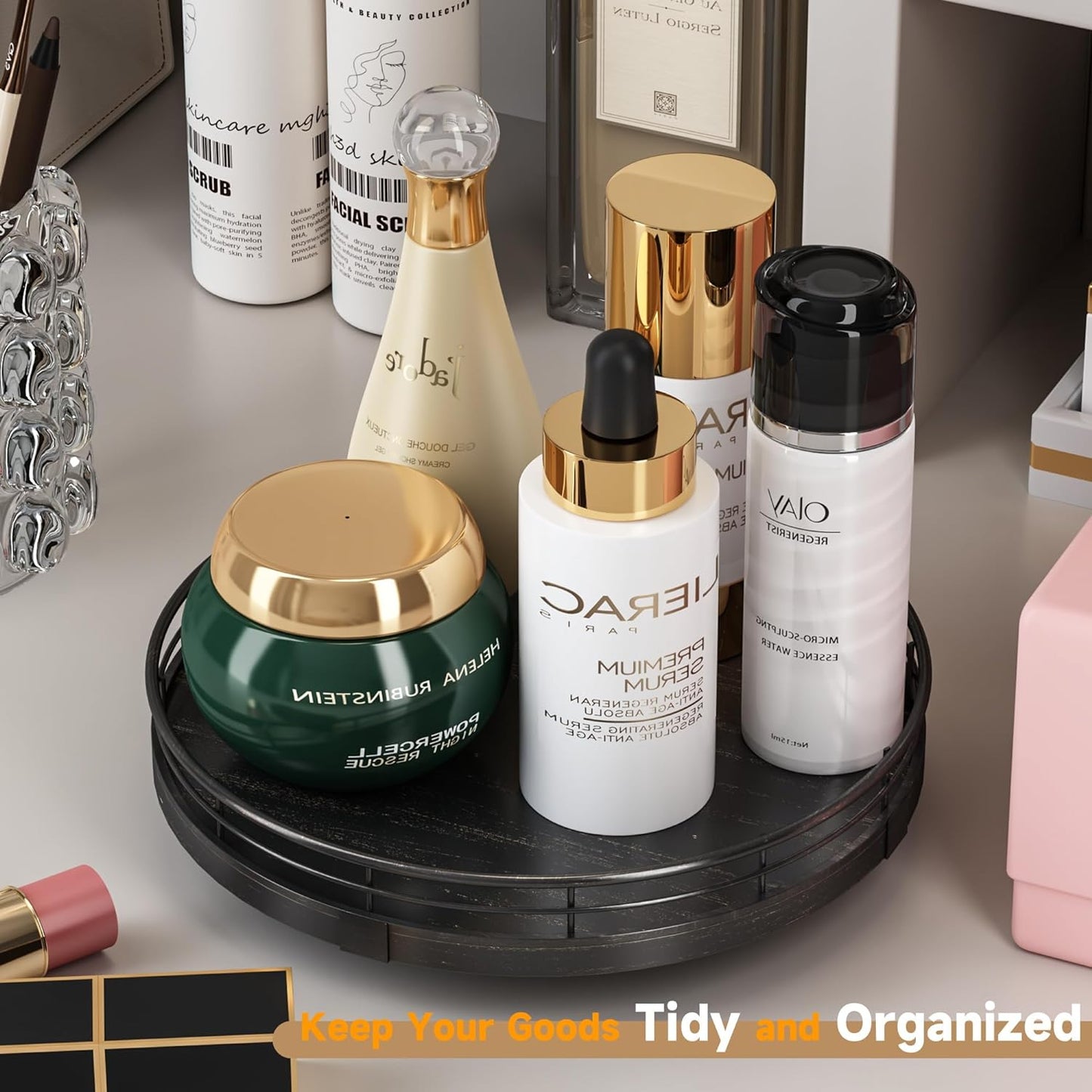 9" Oak Bathroom Vanity Tray Turntable for Perfume Candle, Round Wooden Decorative Tray for Kitchen Sink Countertop Organizer, Bathroom Counter Organizer for Skincare Makeup, Farmhouse Black Gold